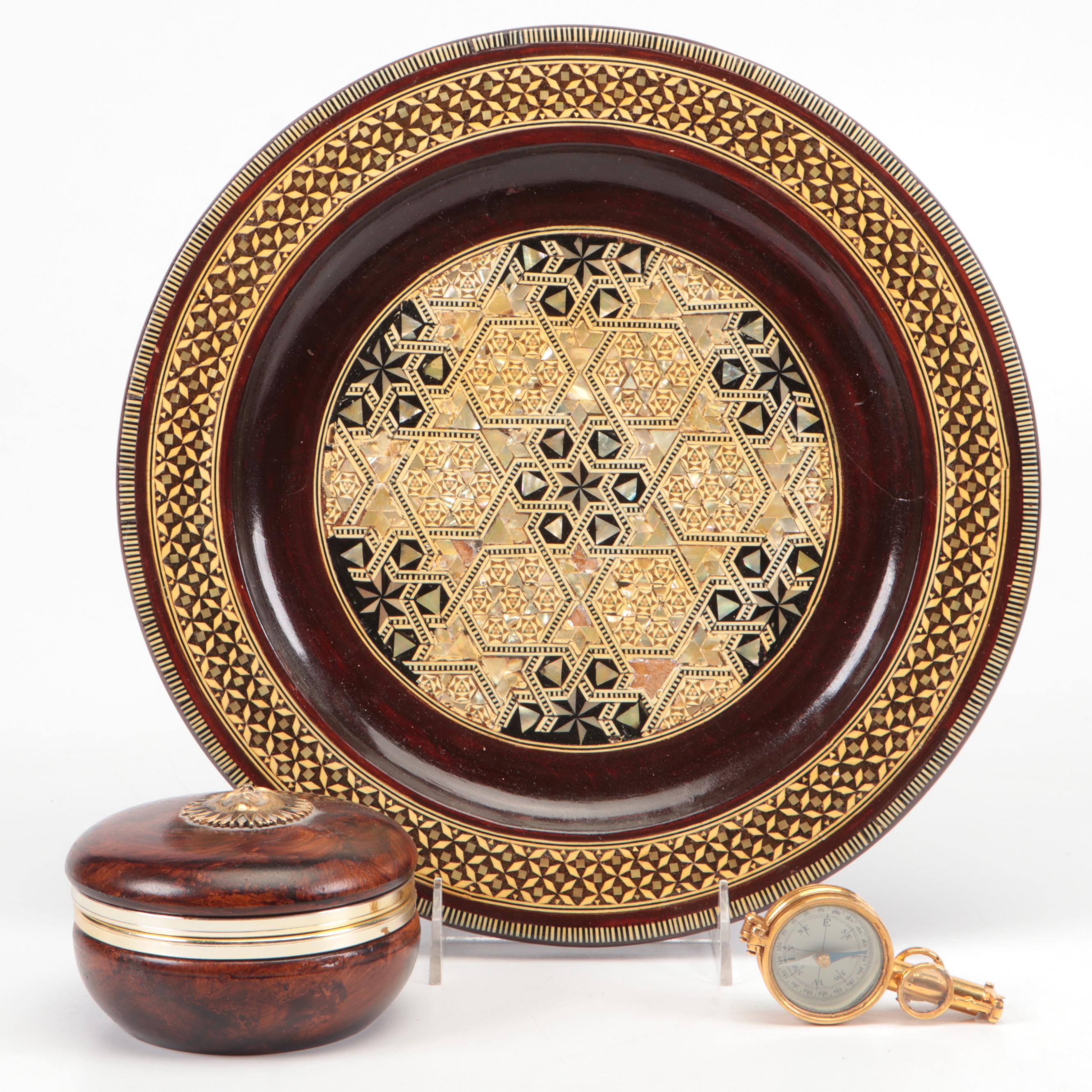 Fieldglass Combination Compass, Mother of Pearl Inlay Plate, and Decorative Box