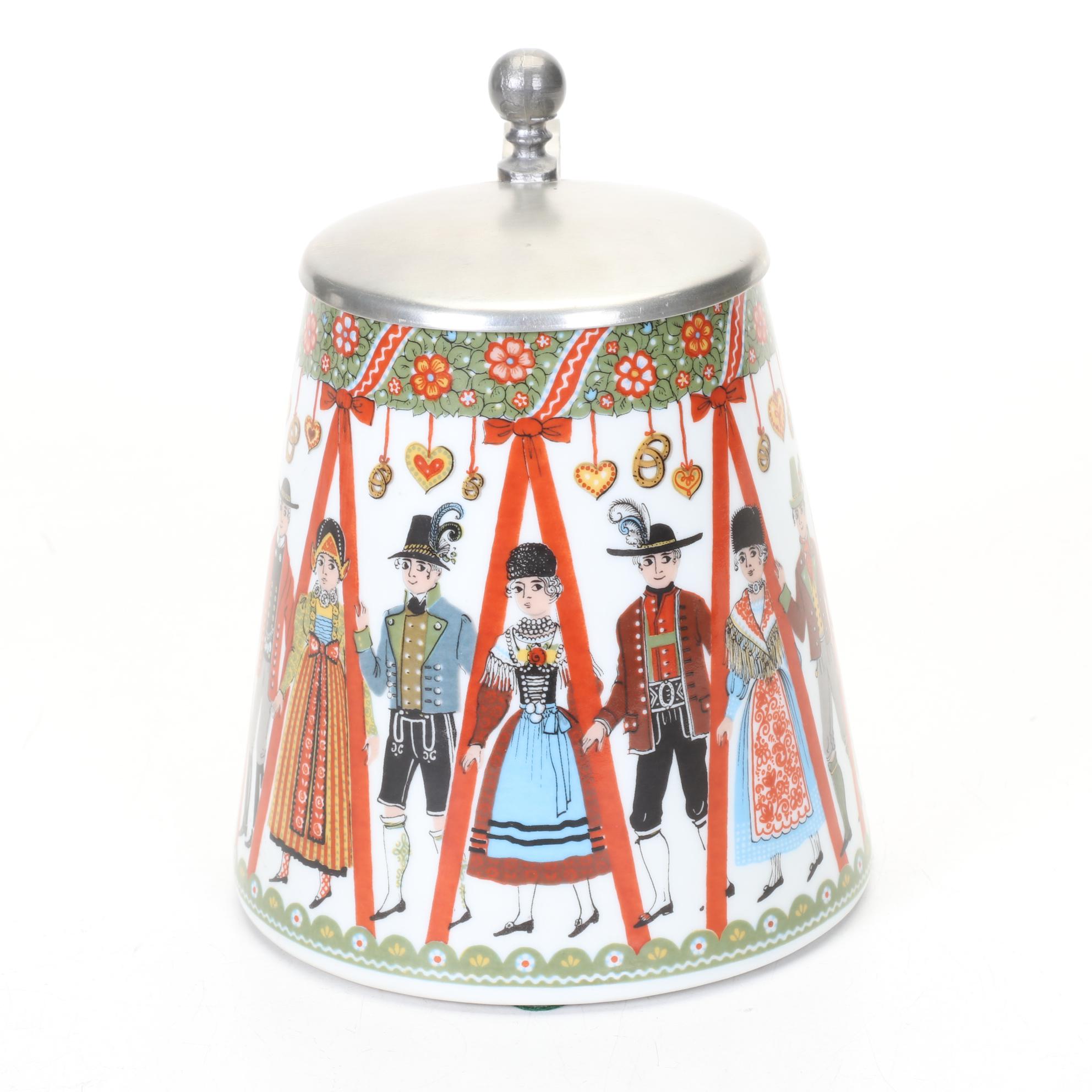 Elisabeth Liegl Porcelain & Pewter Beer Stein Featuring Folk Art Festival Scene