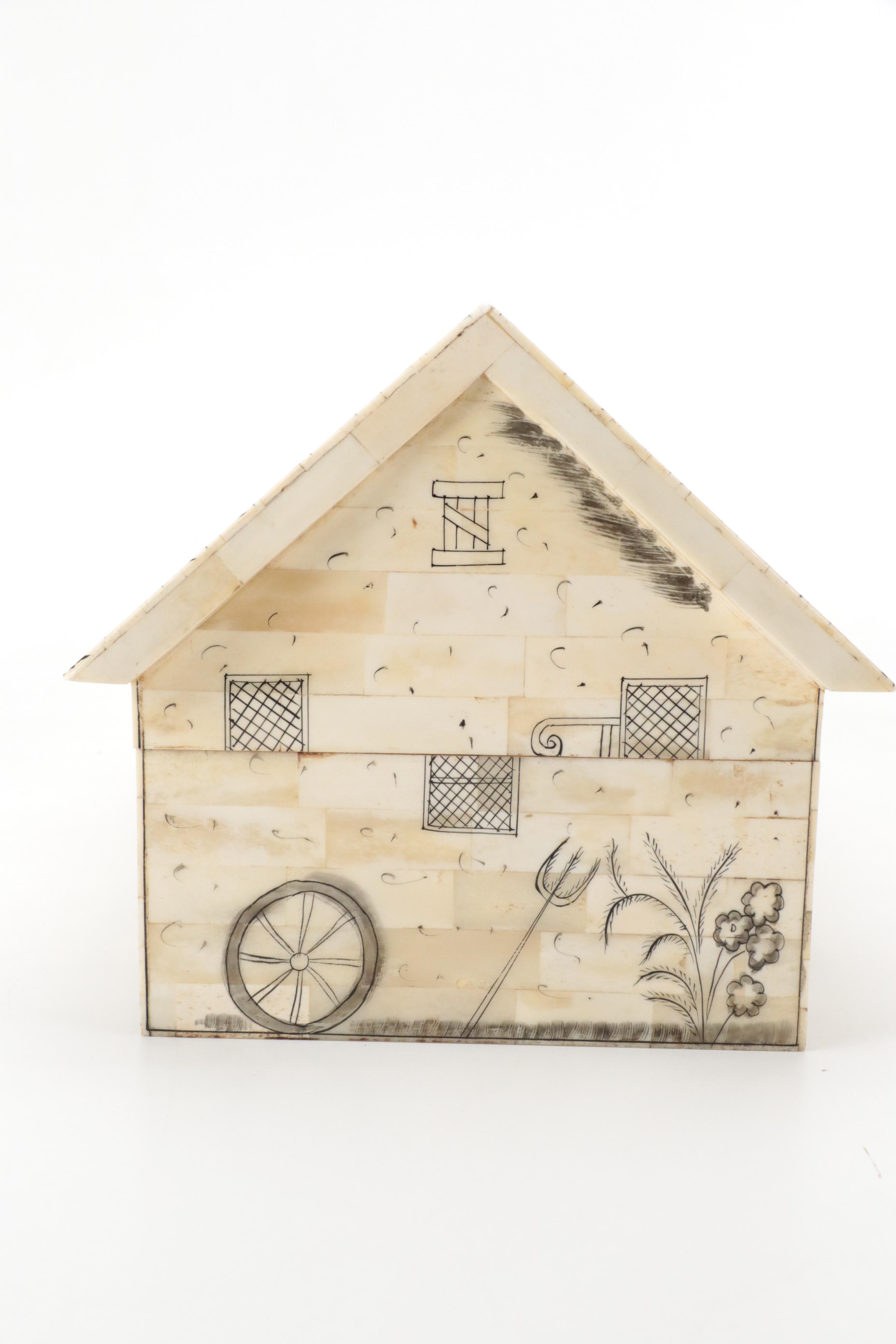 Hand-Painted Tessellated Bone & Wood Lined House Theme Storage Box