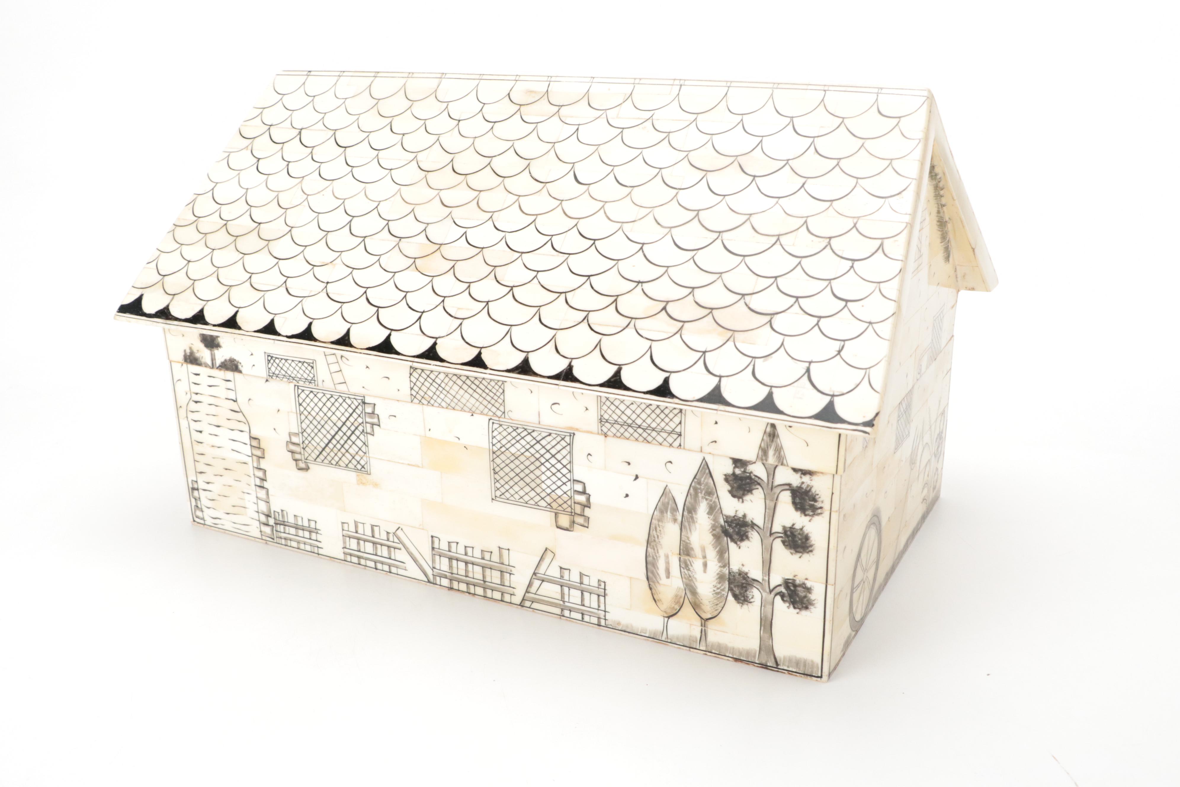 Hand-Painted Tessellated Bone & Wood Lined House Theme Storage Box