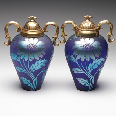 Martha Reynolds for Fenton Favrene Glass L/E Gilt Metal Lidded Urns