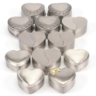 Twelve Fabric-Lined Metal Heart Form Jewelry Boxes