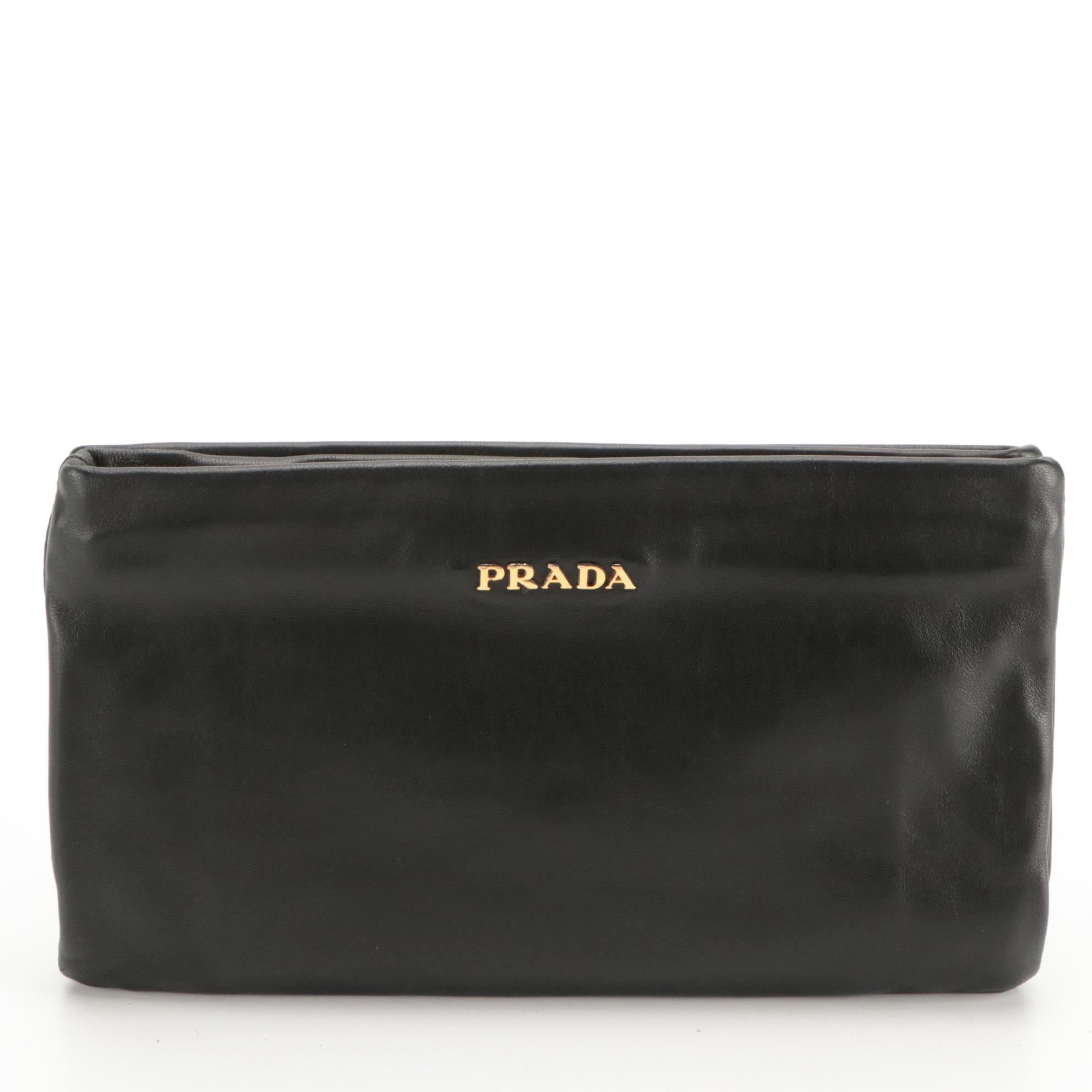Prada Three-Compartment Clutch in Black Lambskin Leather