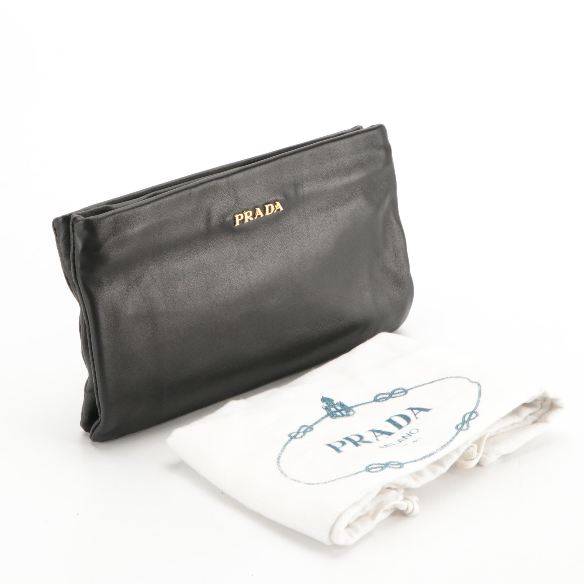 Prada Three-Compartment Clutch in Black Lambskin Leather