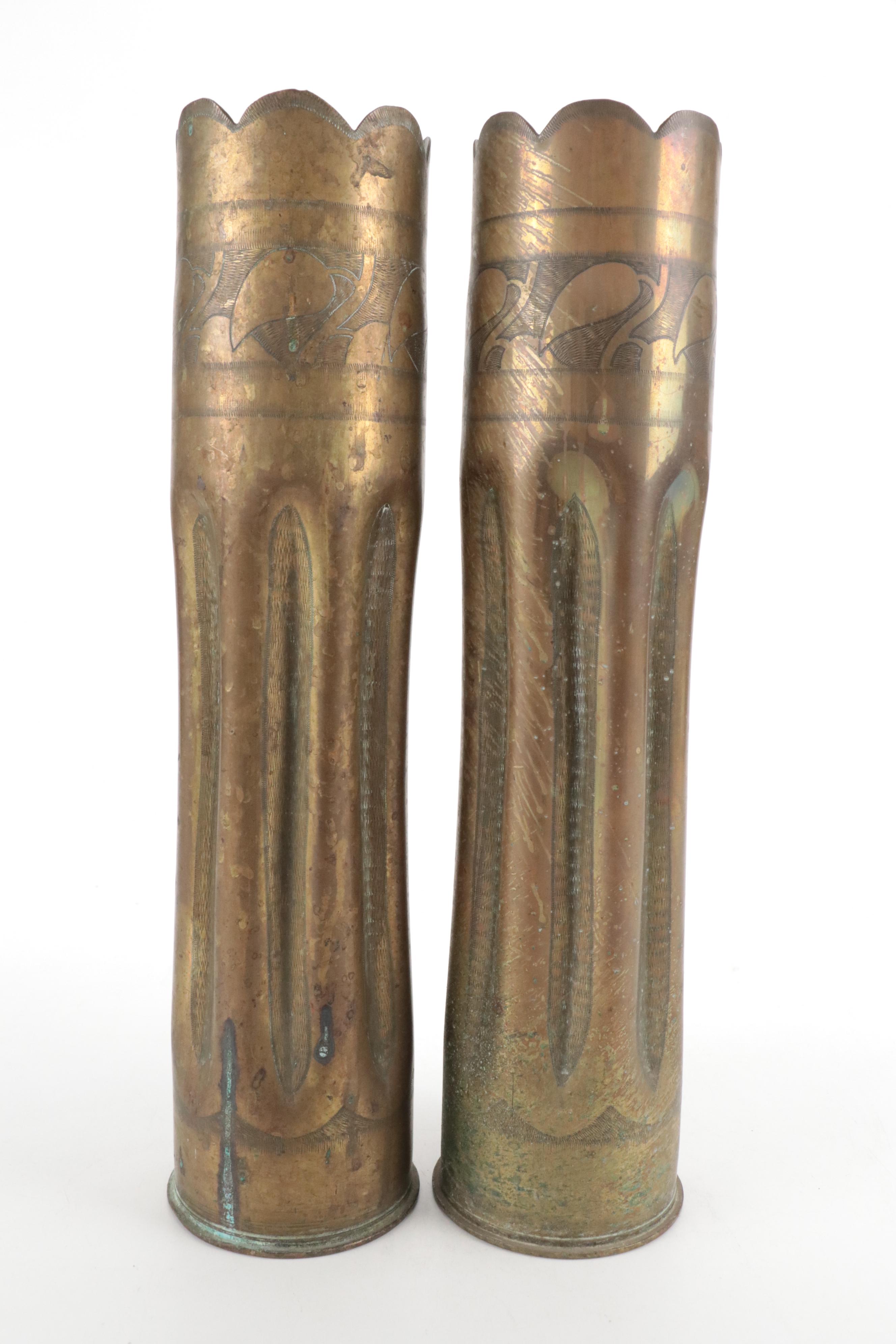 Pair of WWI "Trench Art" Brass Shell Casing Vases