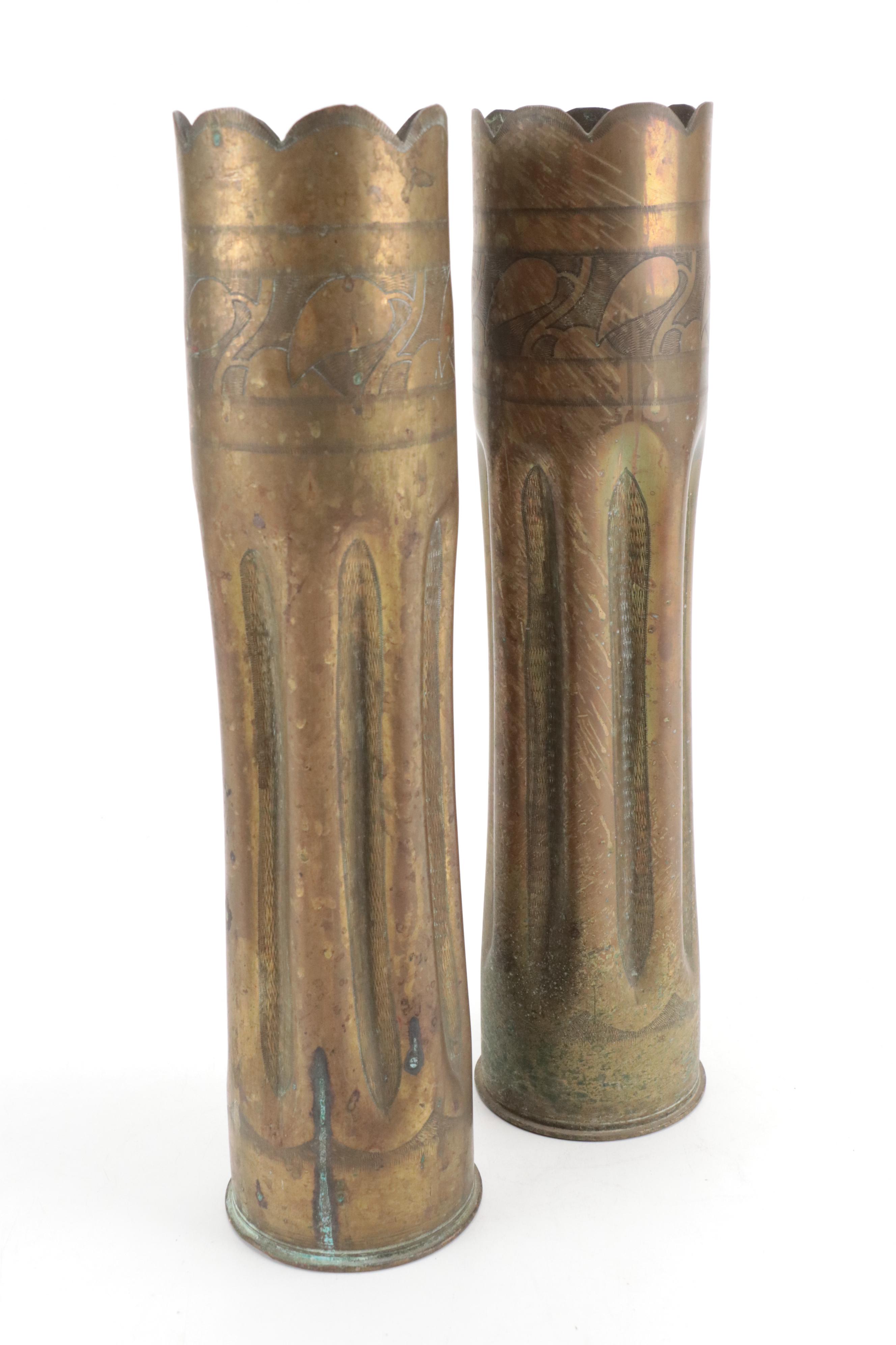Pair of WWI "Trench Art" Brass Shell Casing Vases