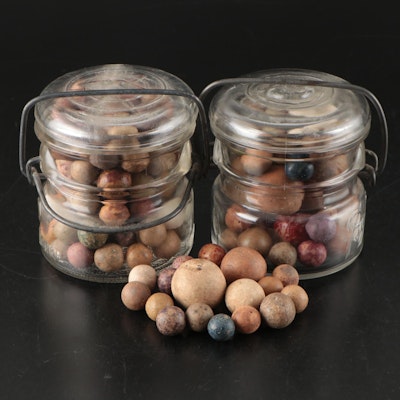 Antique Bennington and Other Clay Marbles with Bell Wire Lid Jars