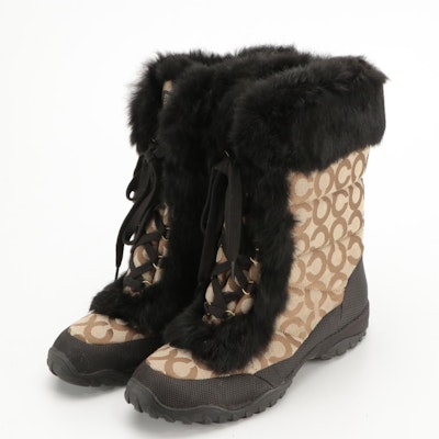 Coach Jennie Winter Boots in Brown Signature C Jacquard and Rabbit Fur