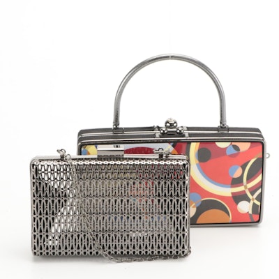Multi-Color Abstract Motif Top Handle Box Bag & Other Metal Box Clutch on Chain