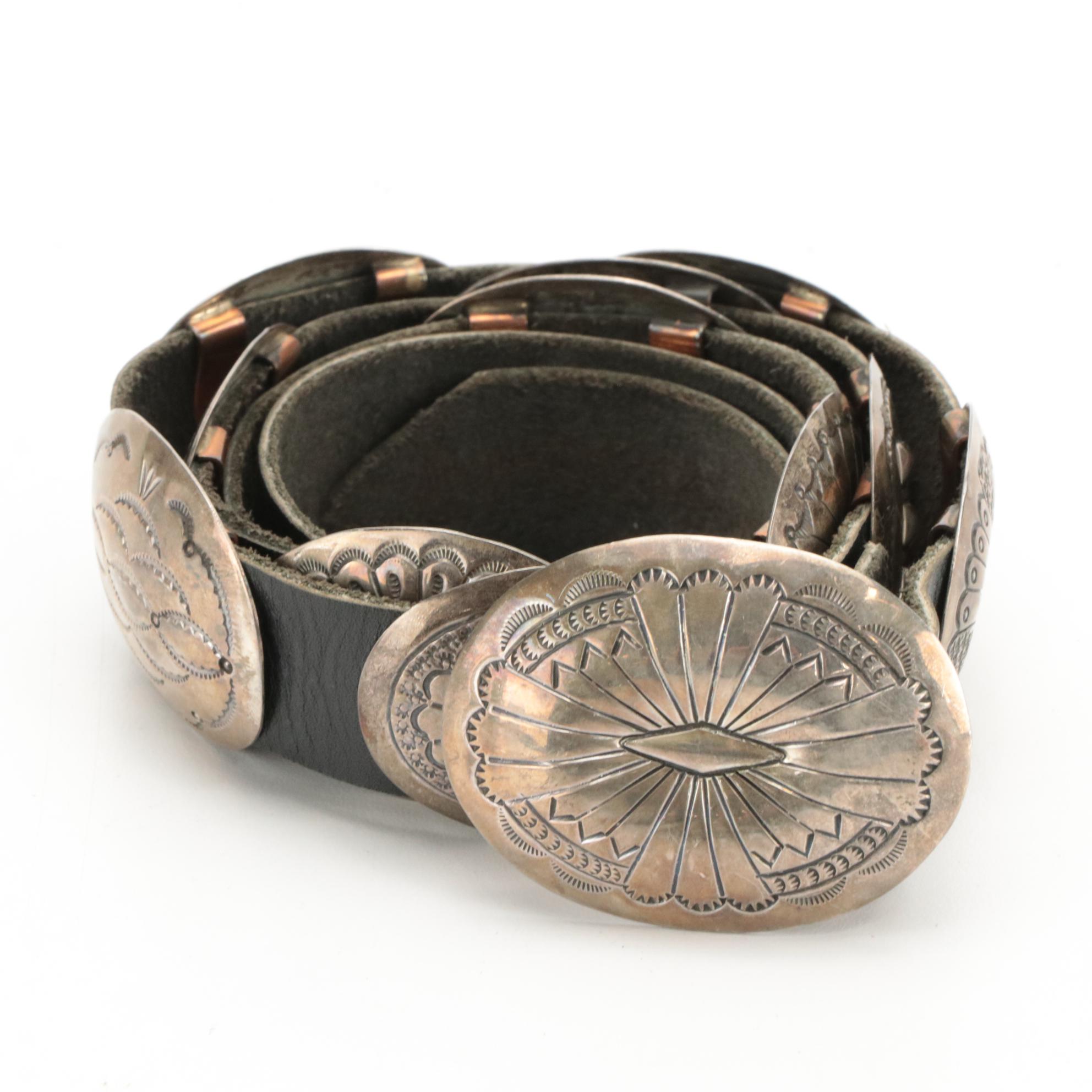 Southwestern Style Concho Belt in Stamped Metal and Black Leather