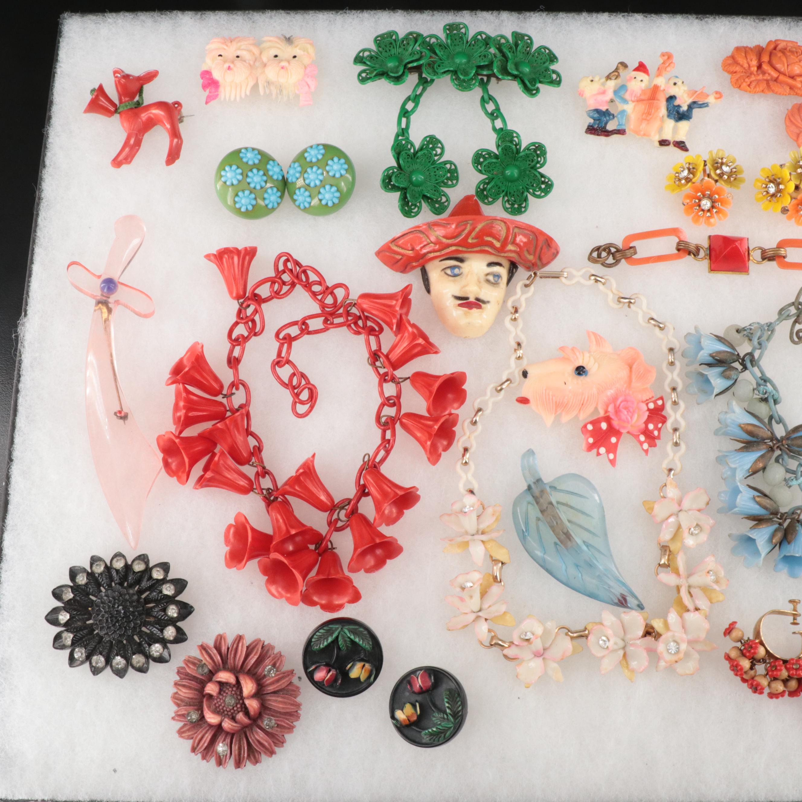 1930s - 40s Early Plastic Jewelry Including Bakelite, Celluloid and Acrylic