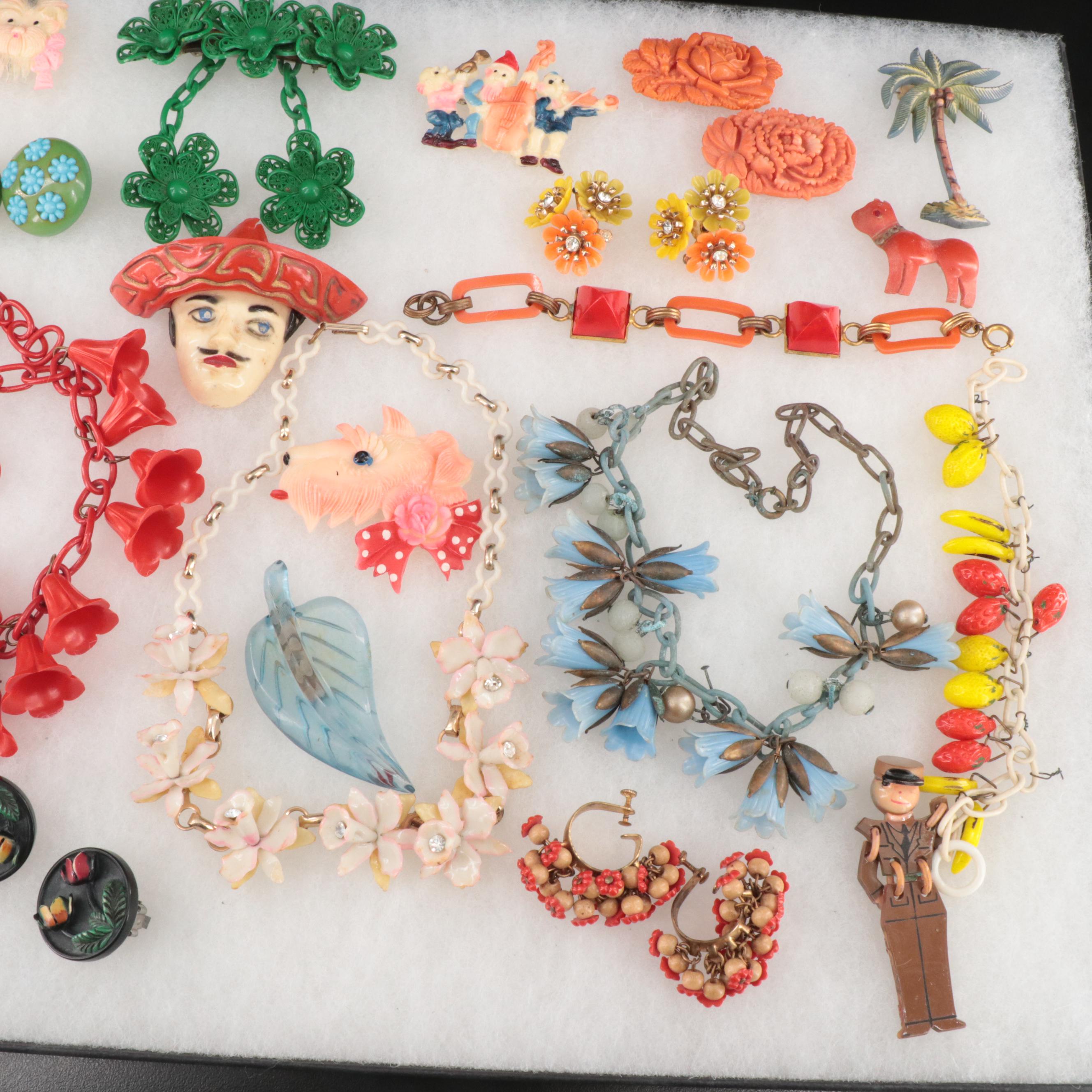 1930s - 40s Early Plastic Jewelry Including Bakelite, Celluloid and Acrylic