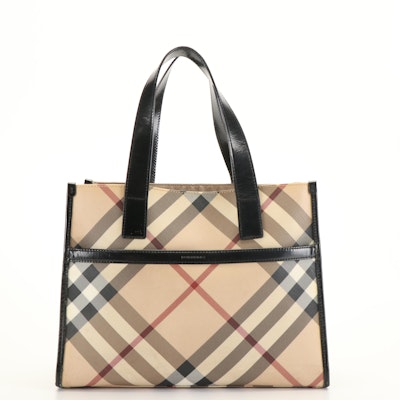 Burberry Front Pocket Tote Bag in Black Leather and Nova Check Coated Canvas