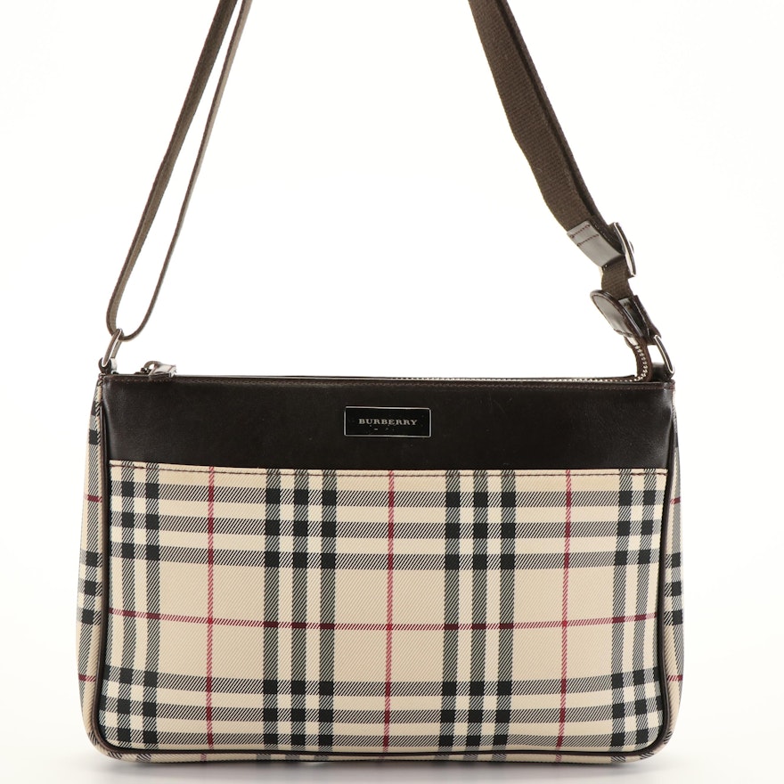 Burberry Front Pocket Shoulder Bag in House Check Canvas and Brown Leather