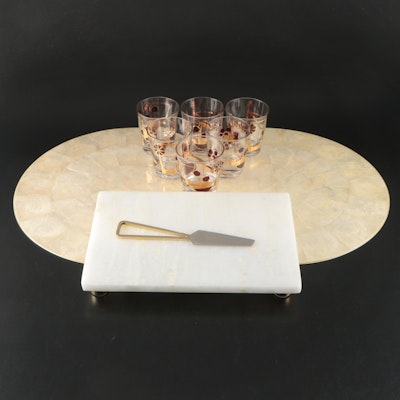 Cheese Tray and Knife with Capiz Chargers and Gay Fad Old Fashioned Glasses