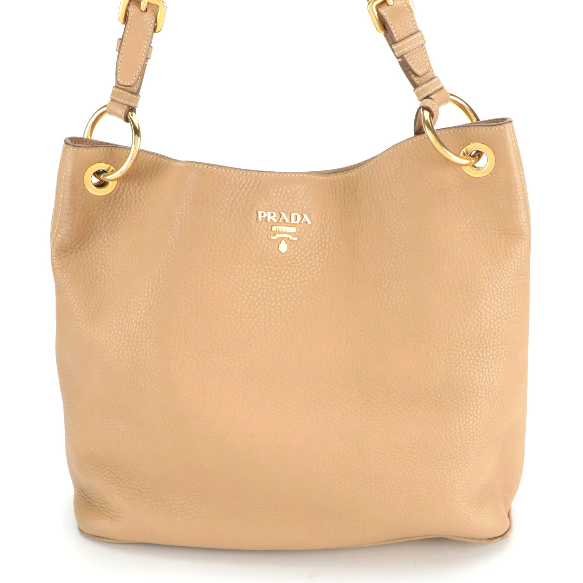 Prada Hobo Shoulder Tote in Tan Grained Leather
