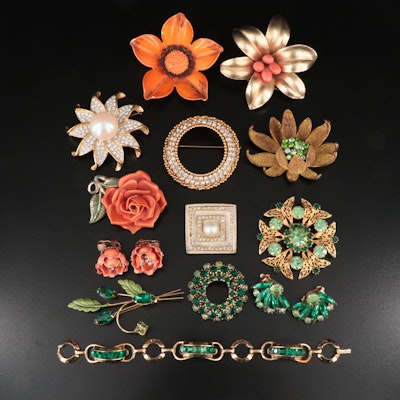 Green Rhinestones and Orange Enamel Jewelry with a Retro Coro Sterling Bracelet