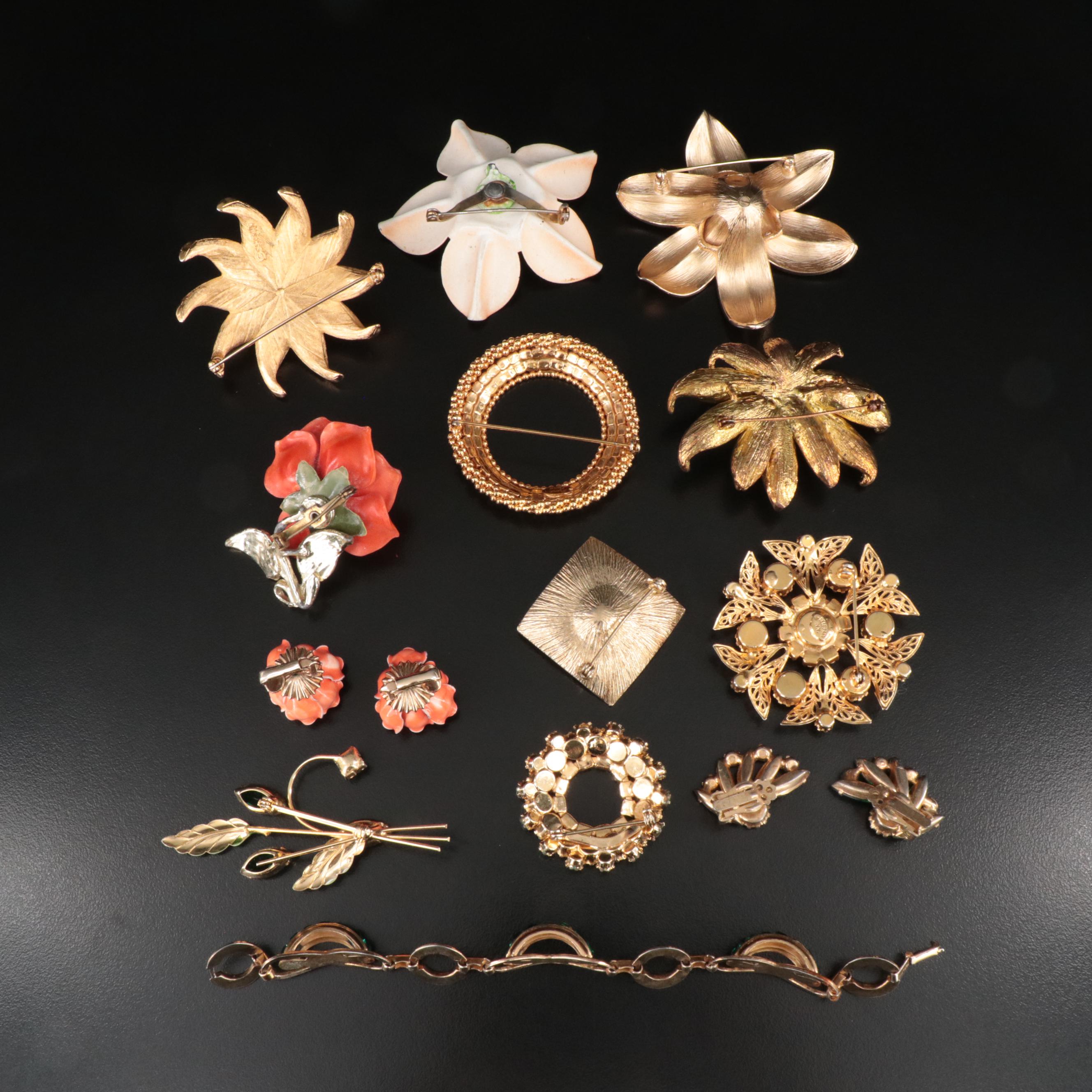 Green Rhinestones and Orange Enamel Jewelry with a Retro Coro Sterling Bracelet