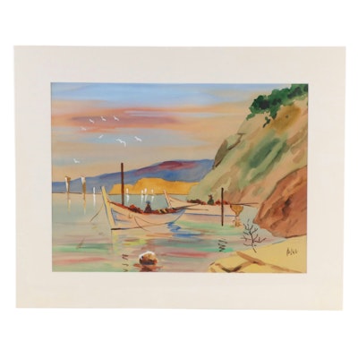 Anton Zaic Watercolor Painting of a Coastal Seascape with Figures in Boats