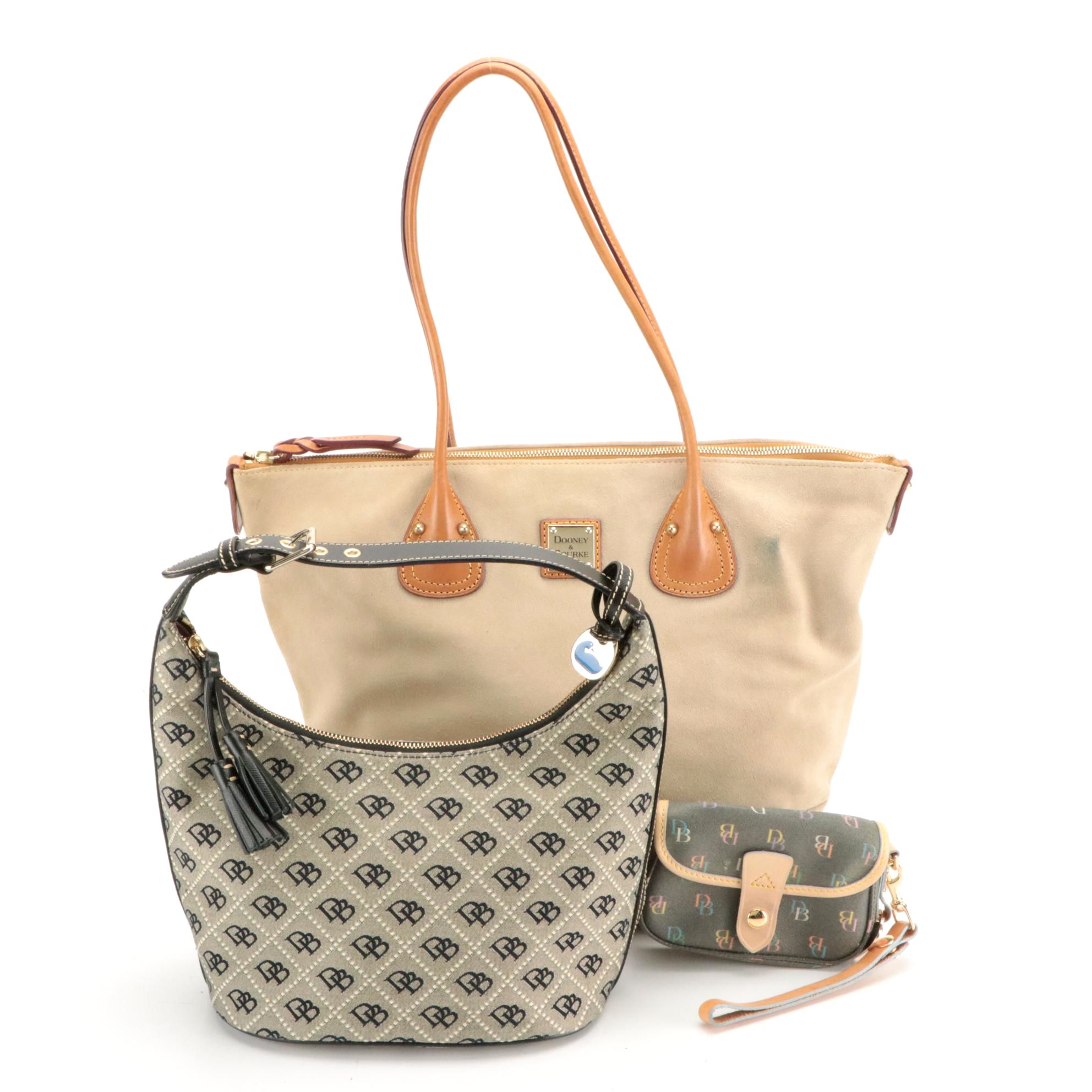 Dooney & Bourke Beige Suede Tote, Logo Canvas Shoulder Bag & Mini Wristlet Pouch