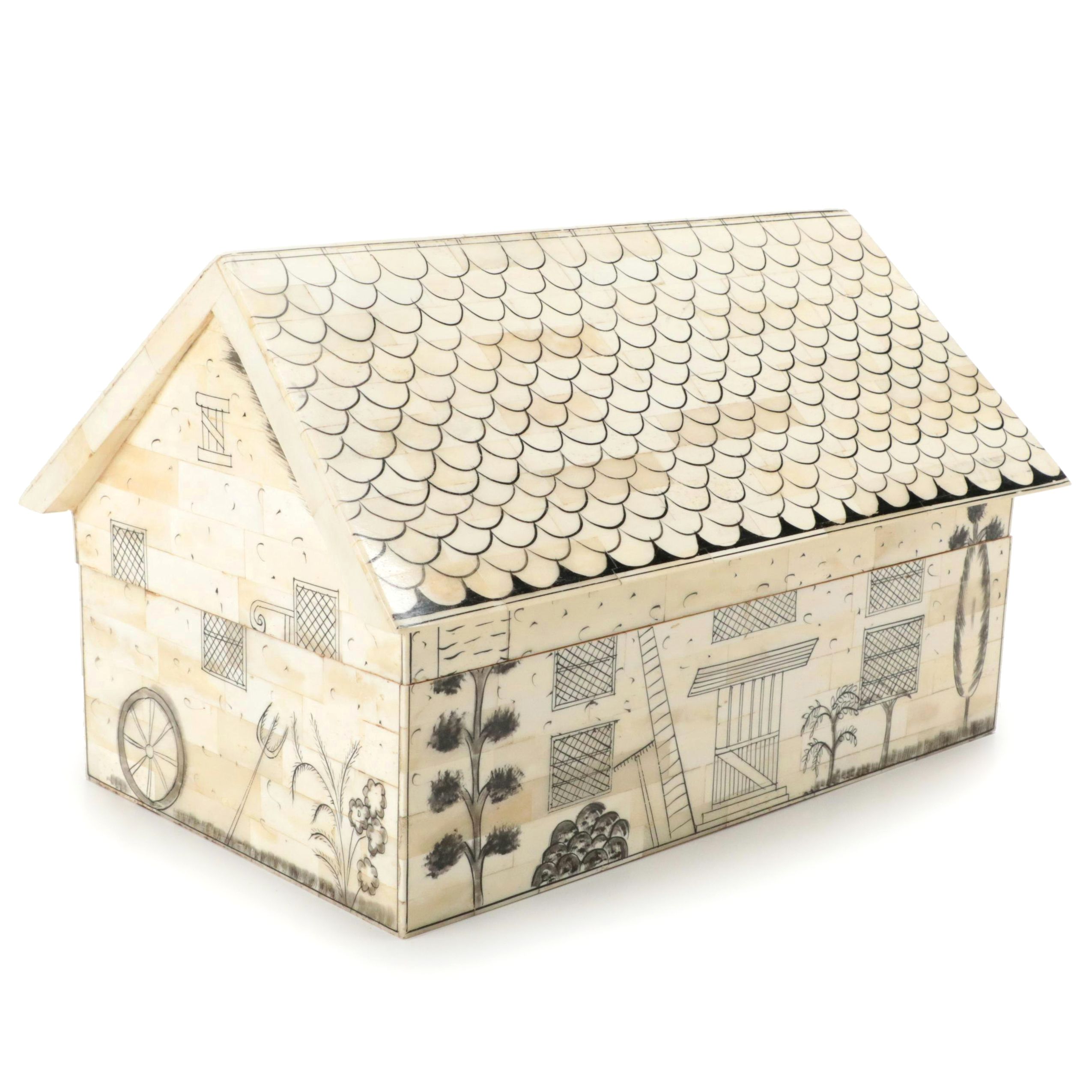 Hand-Painted Tessellated Bone & Wood Lined House Theme Storage Box