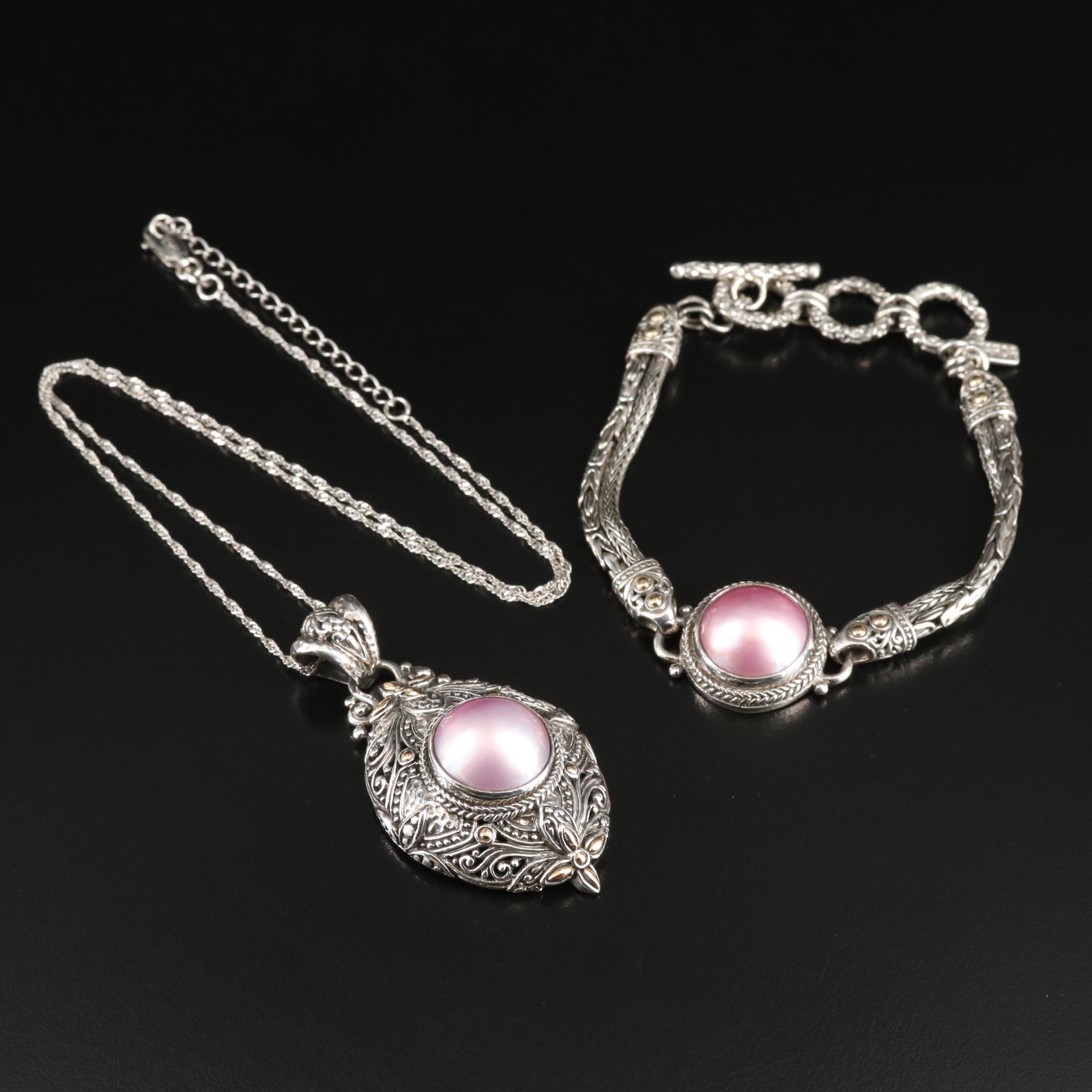 Sarda Sterling Bracelet and Pendant with 18K Accent on Singapore Chain Necklace