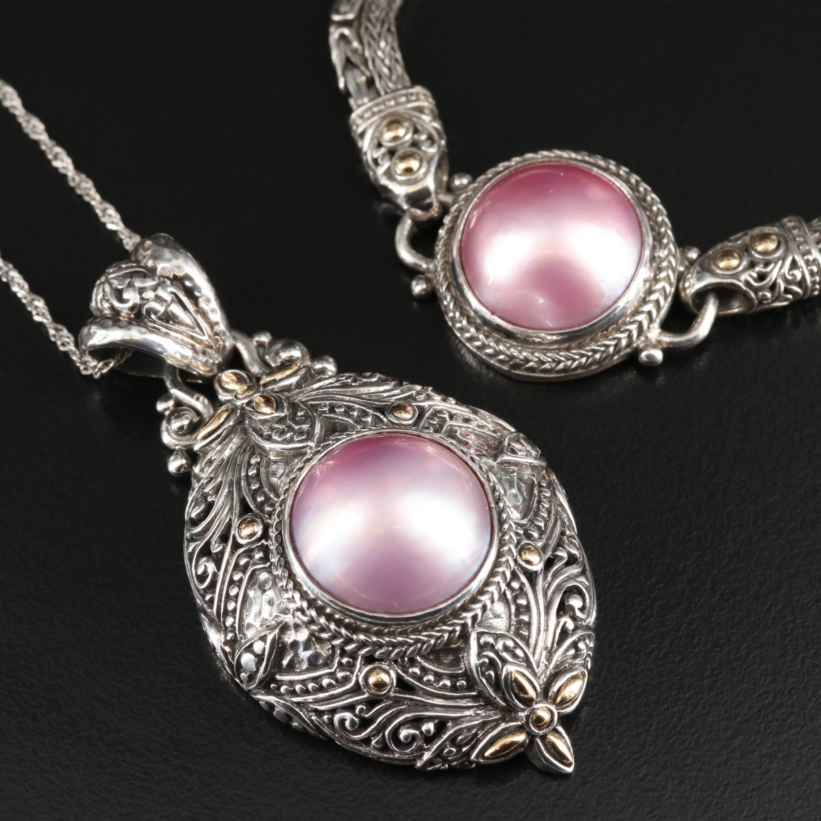 Sarda Sterling Bracelet and Pendant with 18K Accent on Singapore Chain Necklace