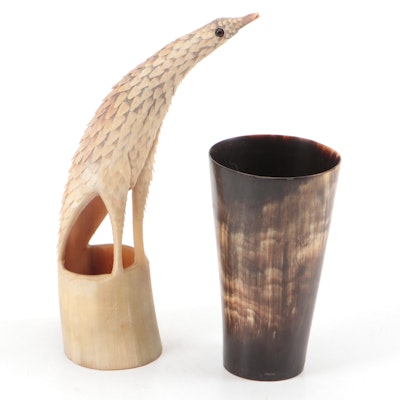 Carved Horn Bird Figurine and Turned Horn Cup