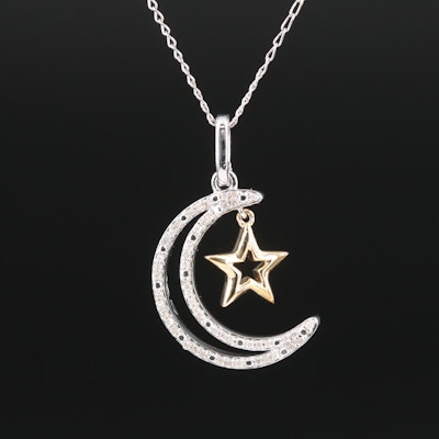 Sterling Diamond Crescent Moon and Star Pendant Necklace with Gold-Filled Chain