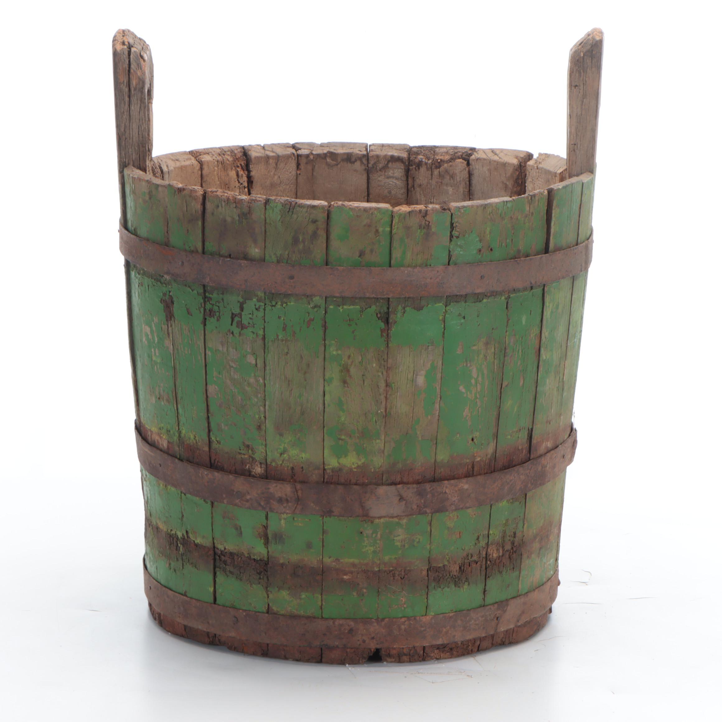 Swedish Style Rustic Handmade Wooden Barrel Stave Water Bucket, Antique