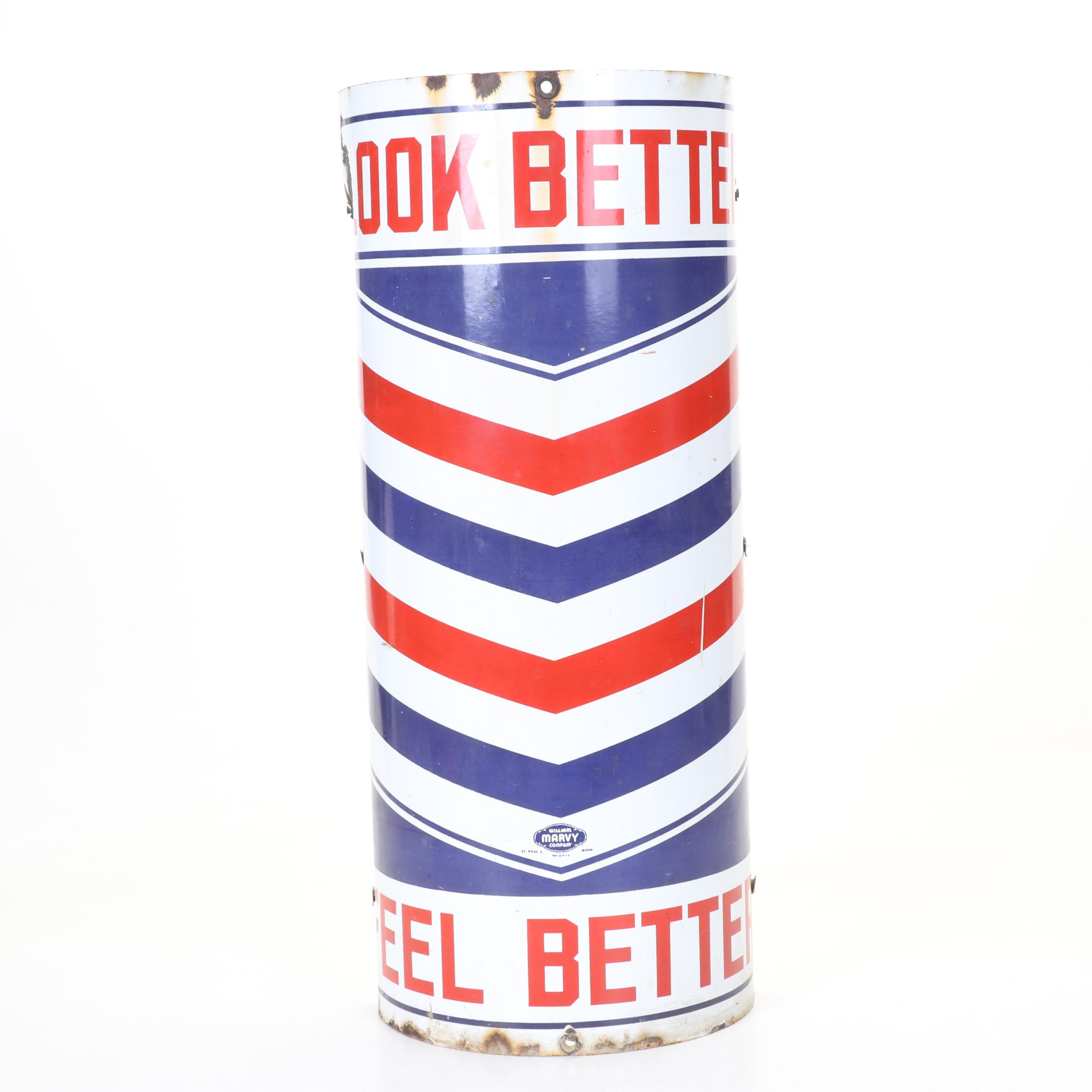 1950s Wm. Marvy "Look Better-Feel Better" Curved Porcelain Barber Sign and More