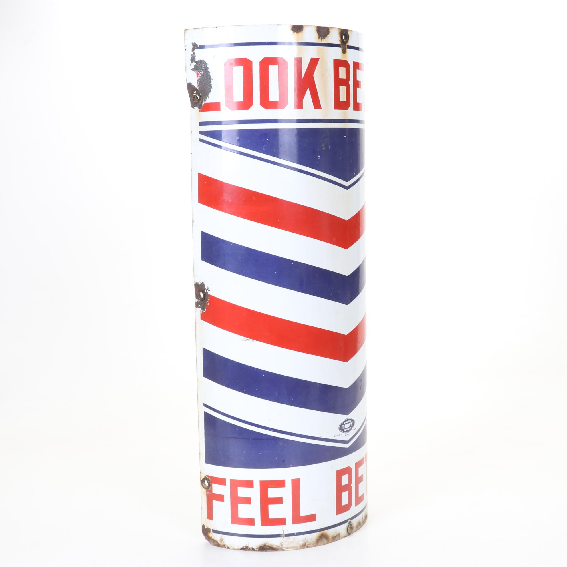 1950s Wm. Marvy "Look Better-Feel Better" Curved Porcelain Barber Sign and More