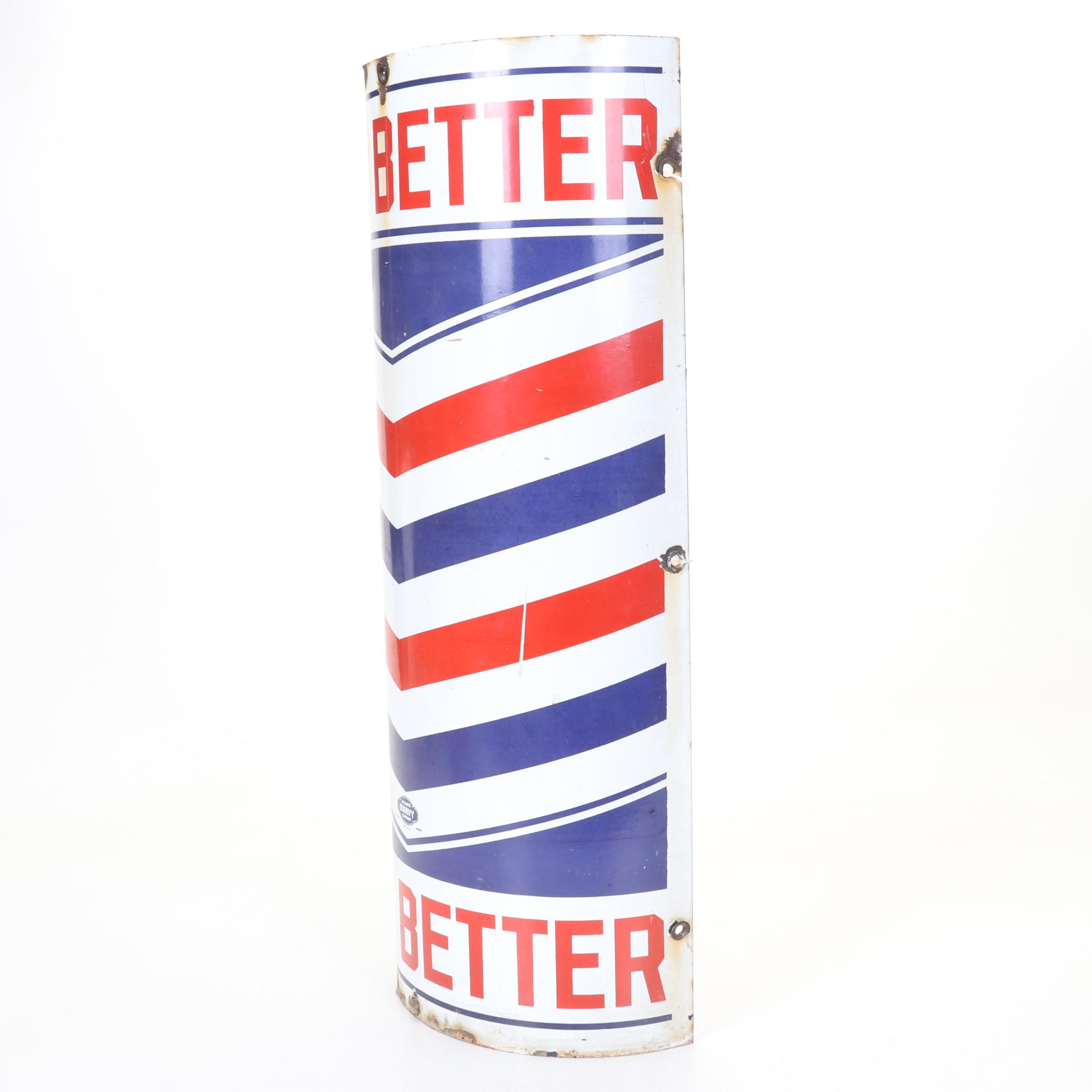 1950s Wm. Marvy "Look Better-Feel Better" Curved Porcelain Barber Sign and More