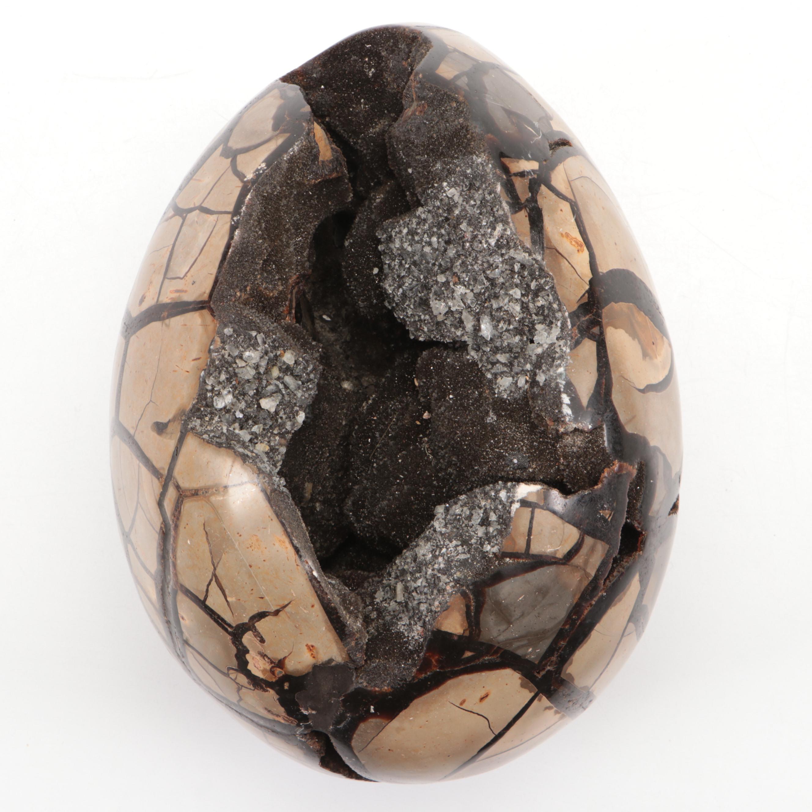 Septarian Nodule "Dragon Egg" Geode Specimen With Aragonite Druzy