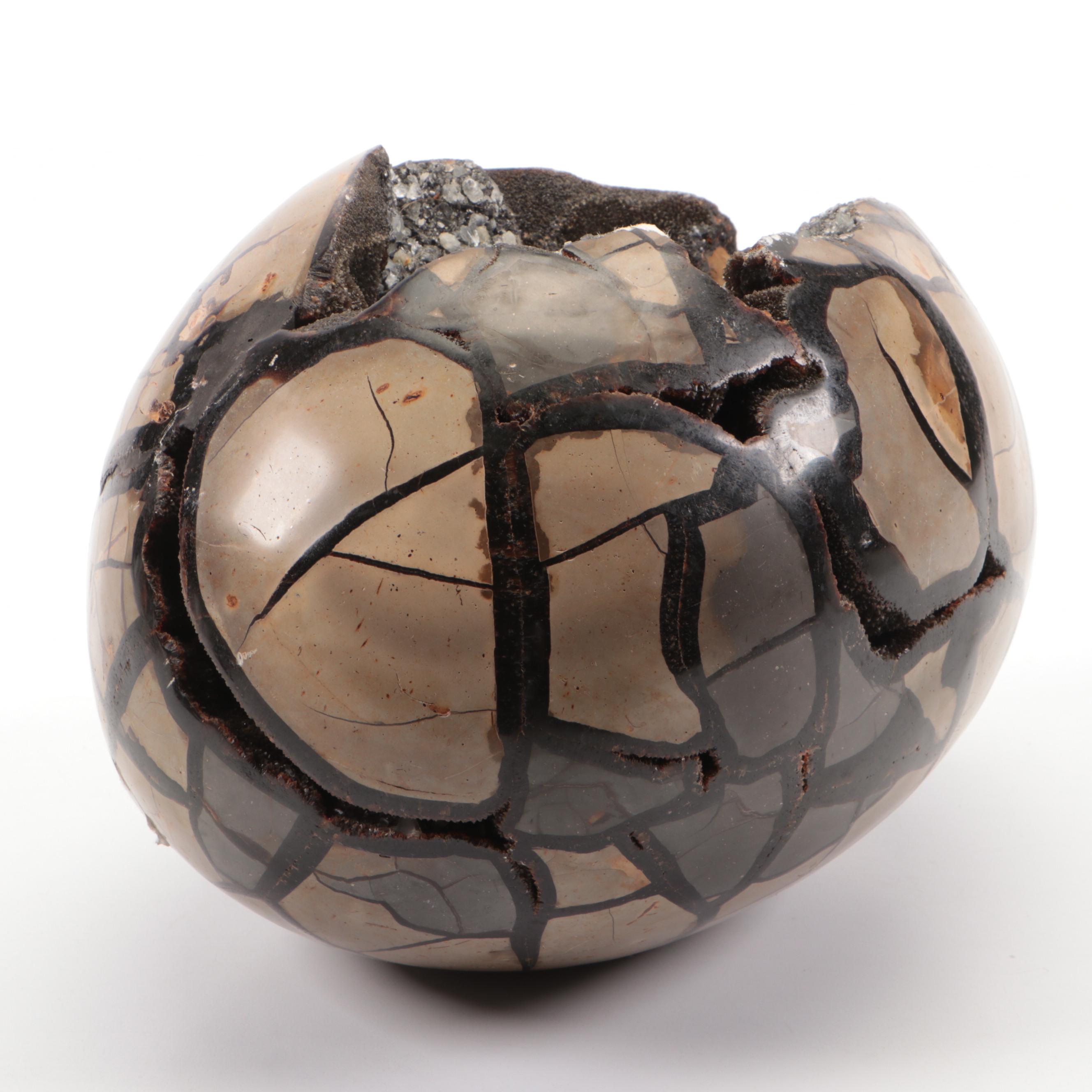 Septarian Nodule "Dragon Egg" Geode Specimen With Aragonite Druzy