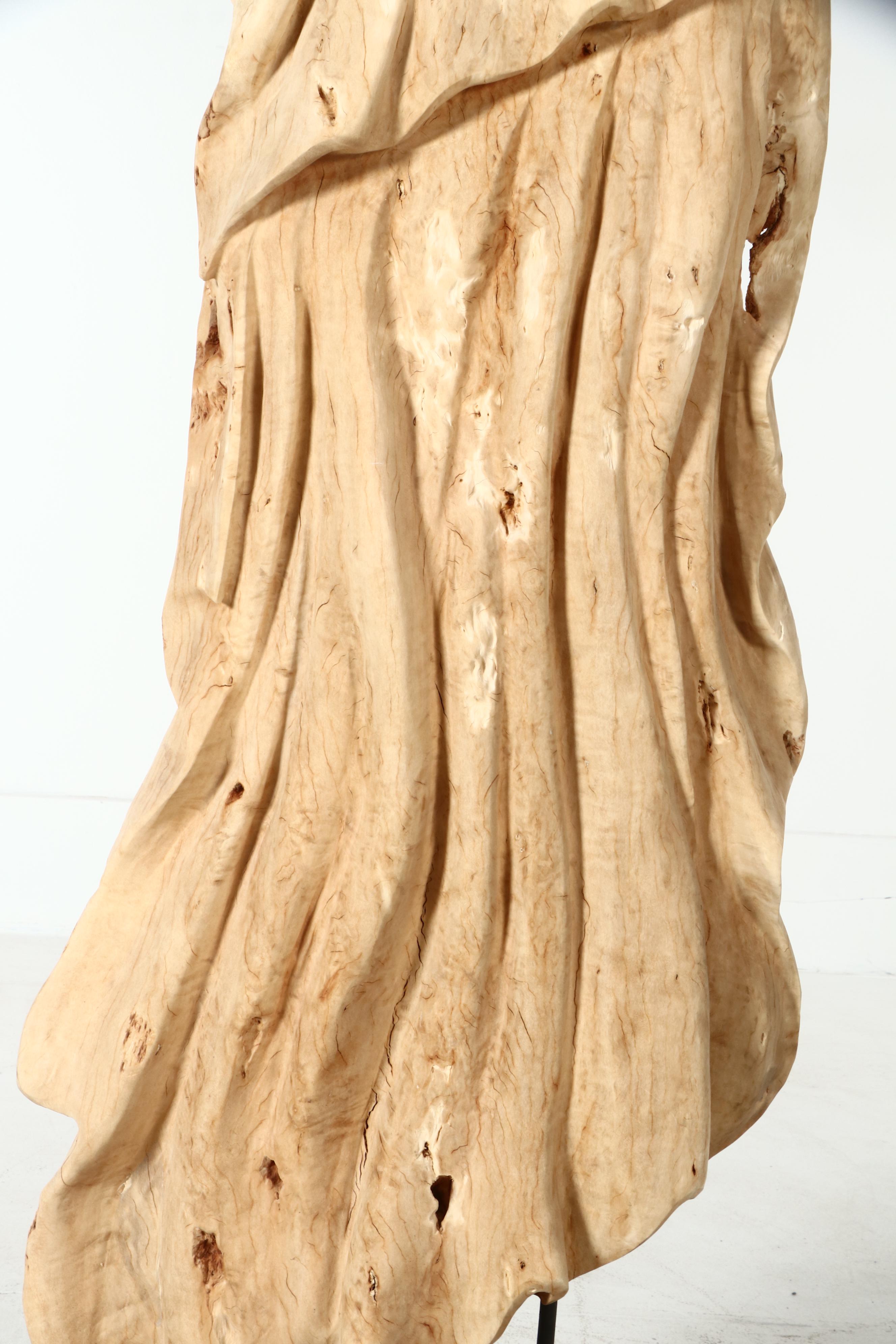 Indian Large-Scale Carved Teak Drapery Sculpture on Stand