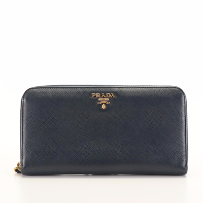 Prada Zip Around Wallet in Blue Saffiano Leather