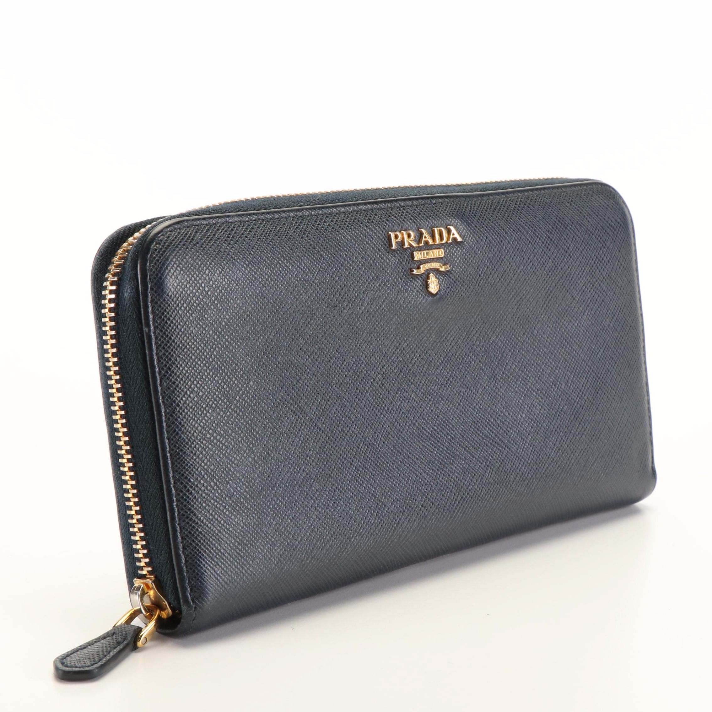 Prada Zip Around Wallet in Blue Saffiano Leather