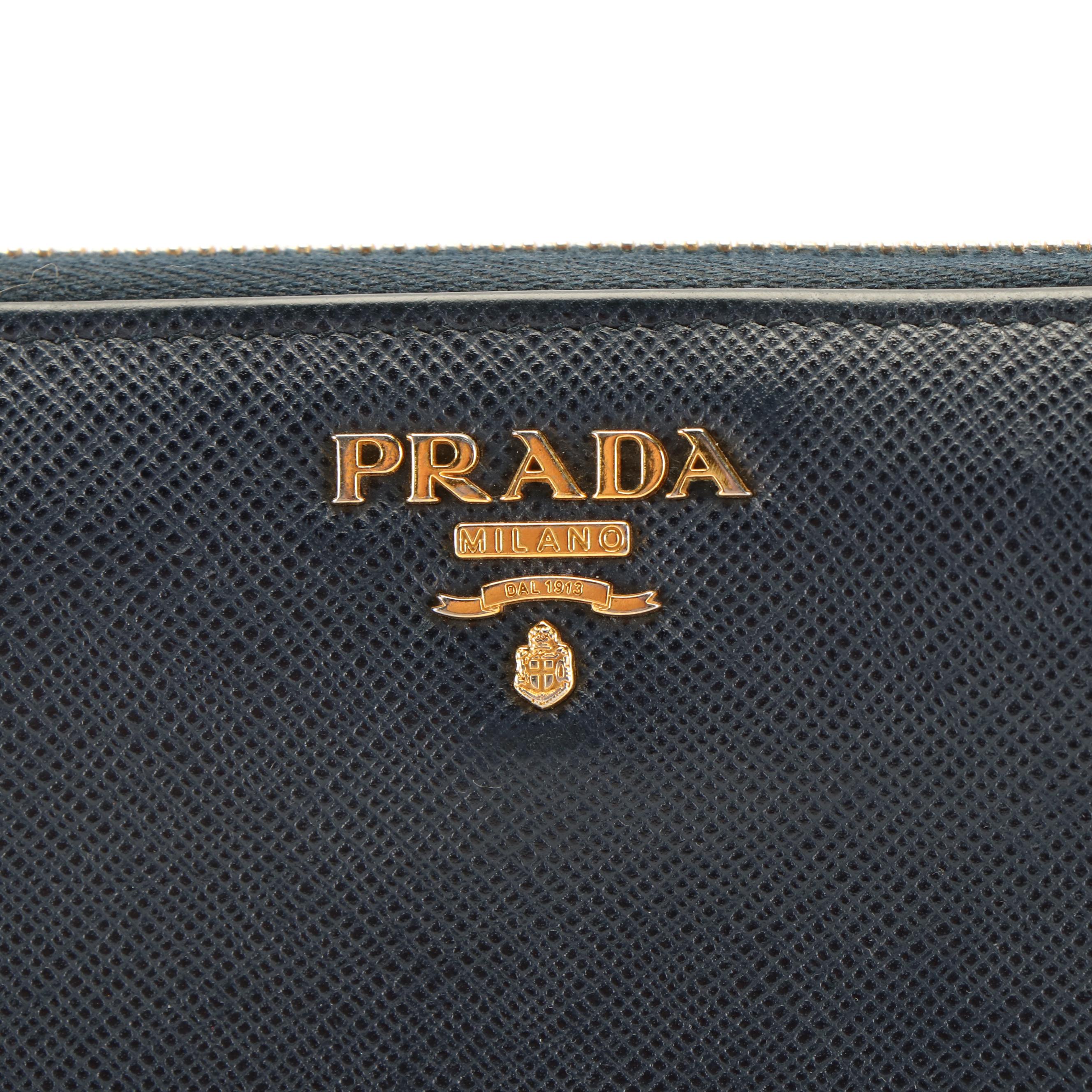 Prada Zip Around Wallet in Blue Saffiano Leather