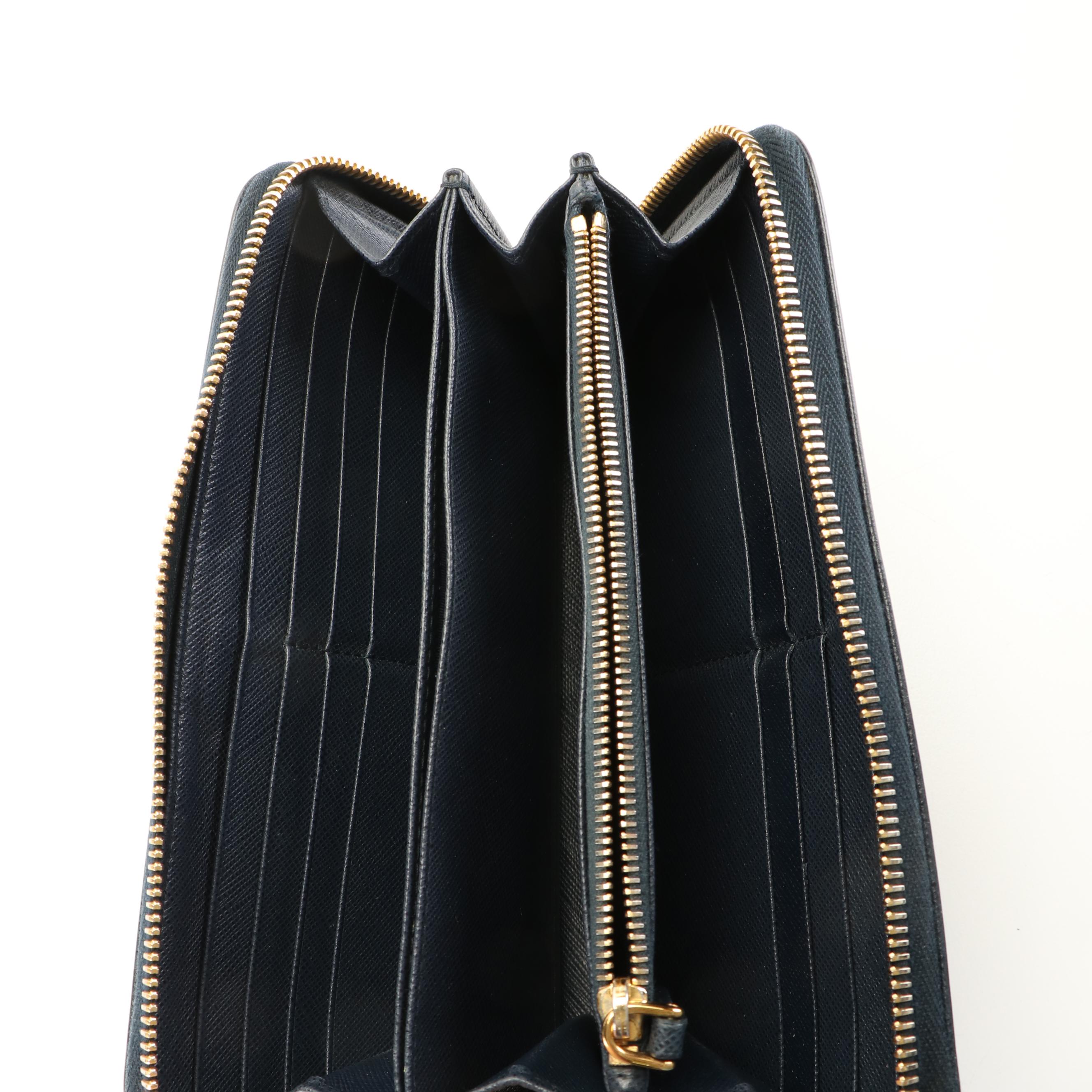 Prada Zip Around Wallet in Blue Saffiano Leather