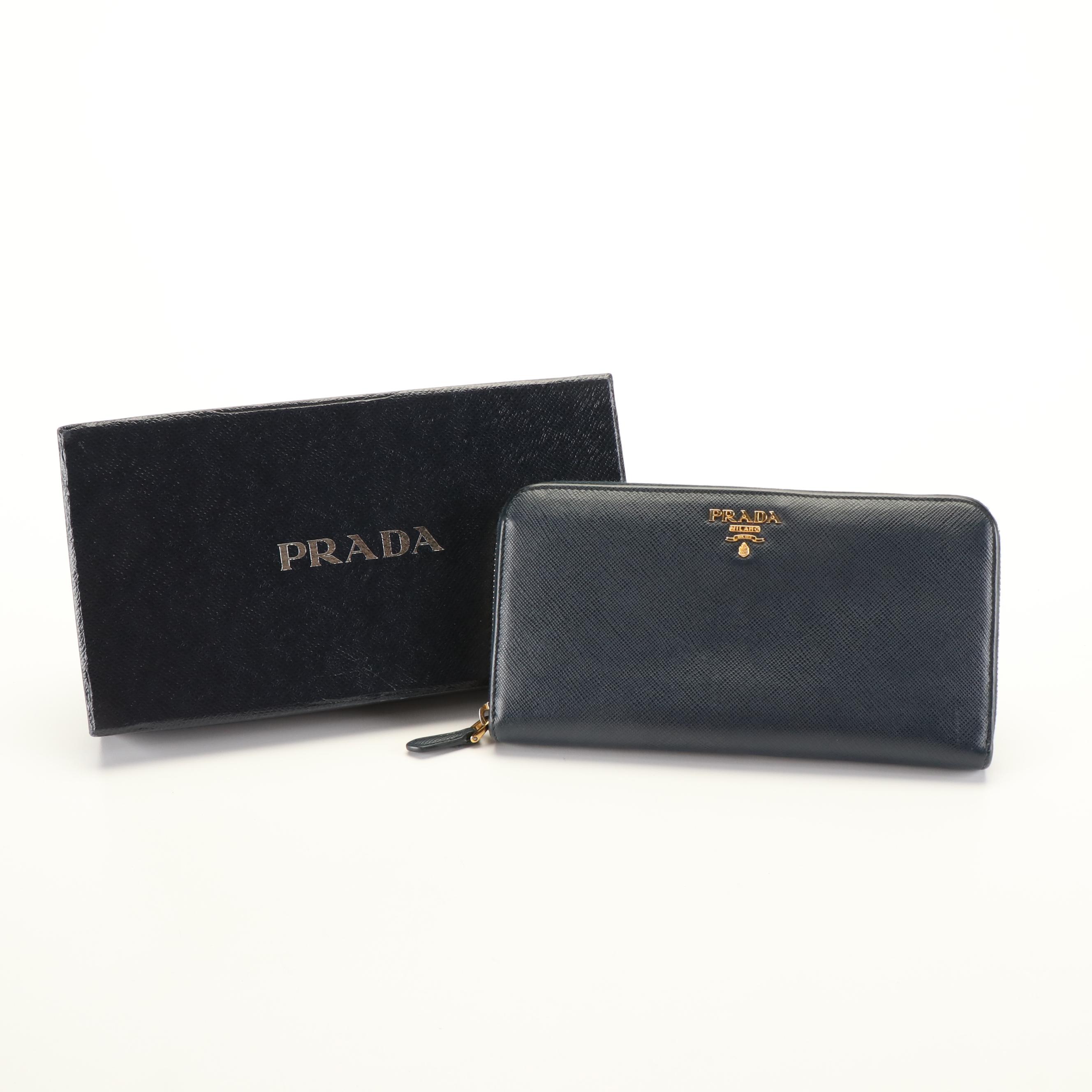 Prada Zip Around Wallet in Blue Saffiano Leather