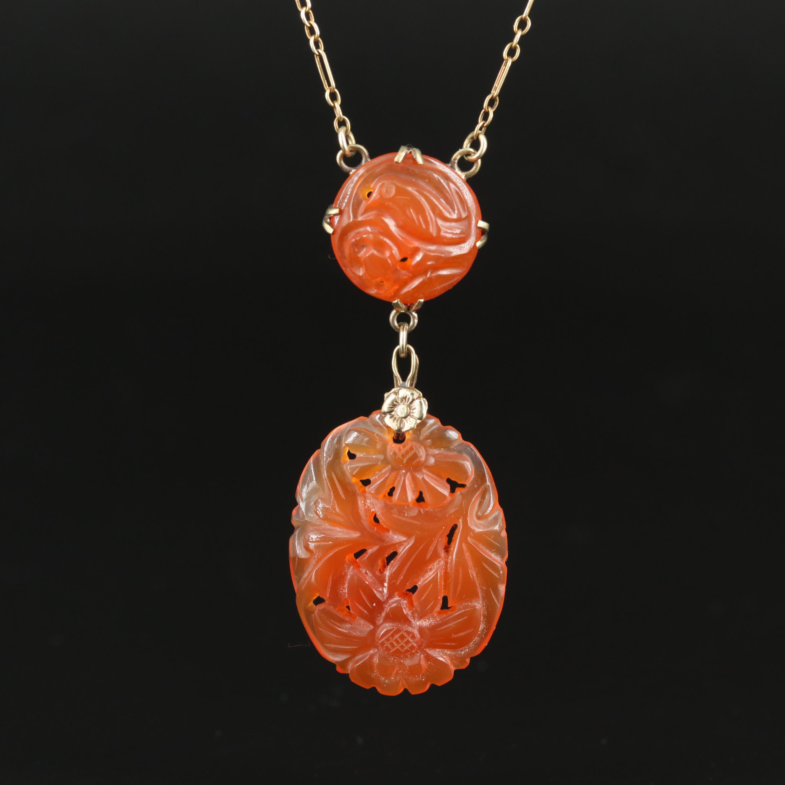 1930s Deco 14K Carved Carnelian Necklace