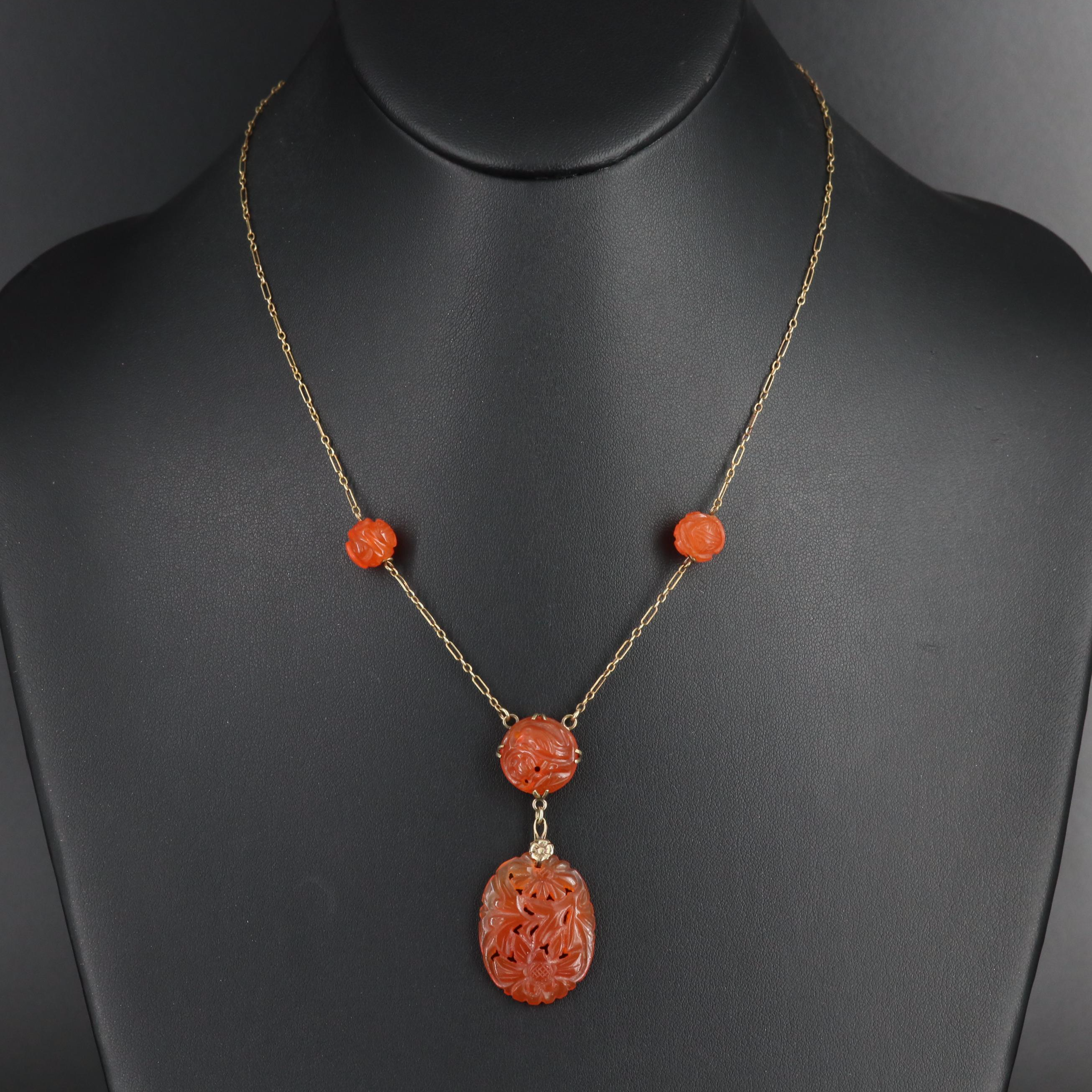 1930s Deco 14K Carved Carnelian Necklace