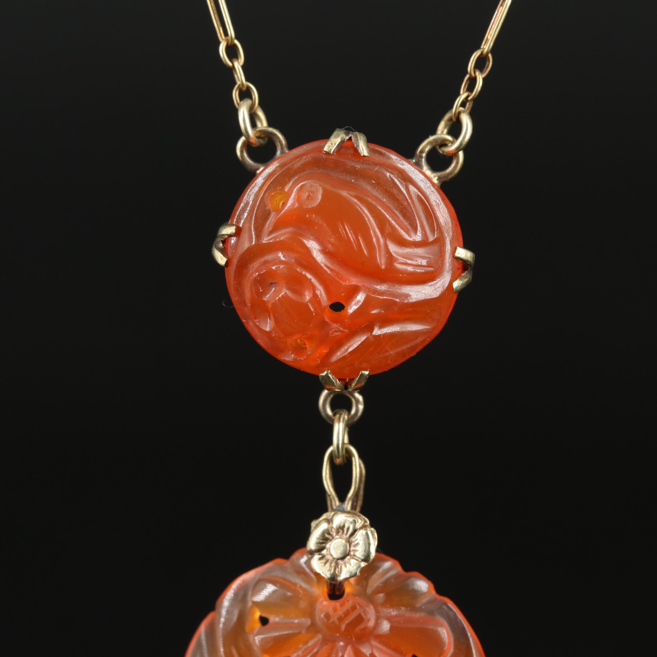 1930s Deco 14K Carved Carnelian Necklace