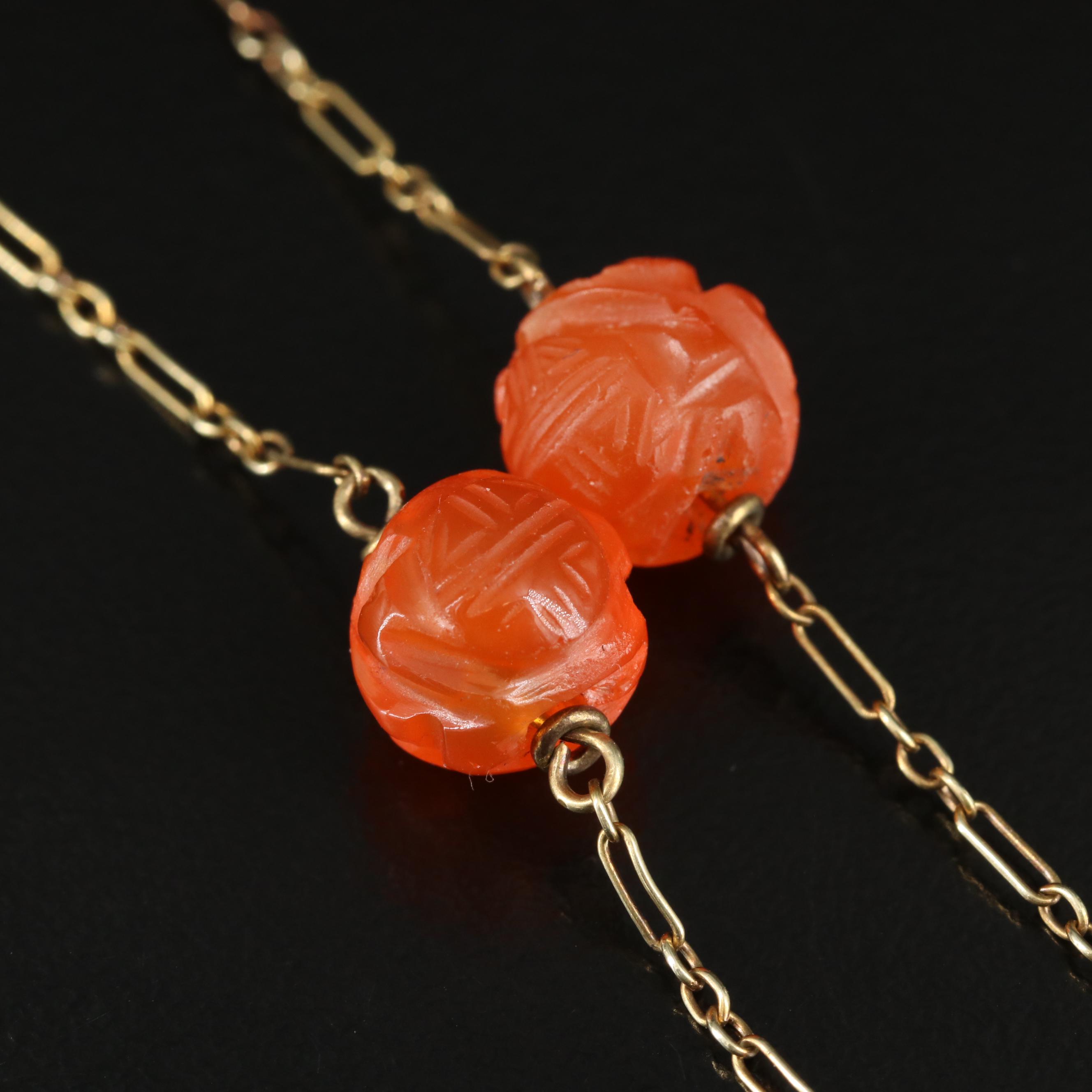 1930s Deco 14K Carved Carnelian Necklace