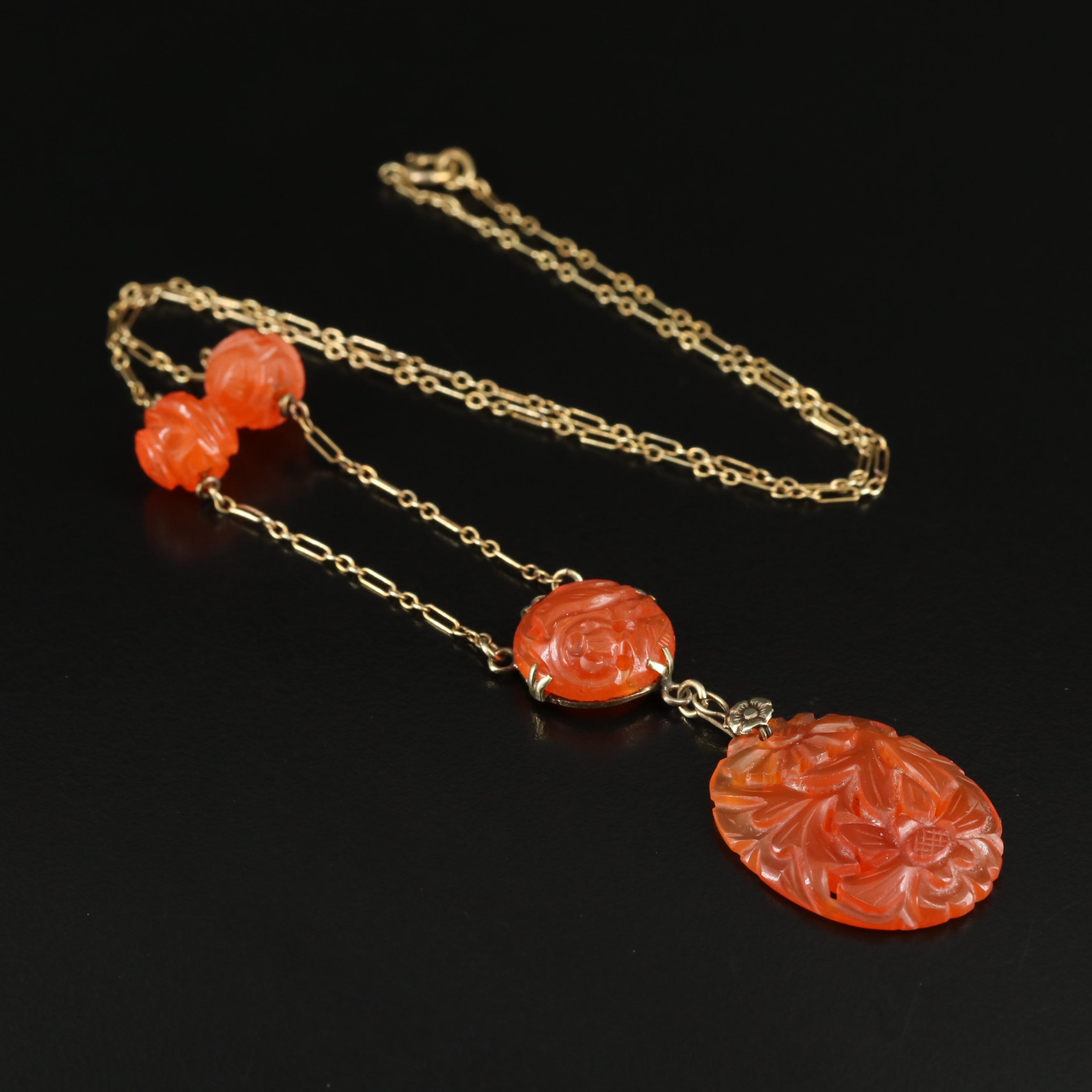 1930s Deco 14K Carved Carnelian Necklace