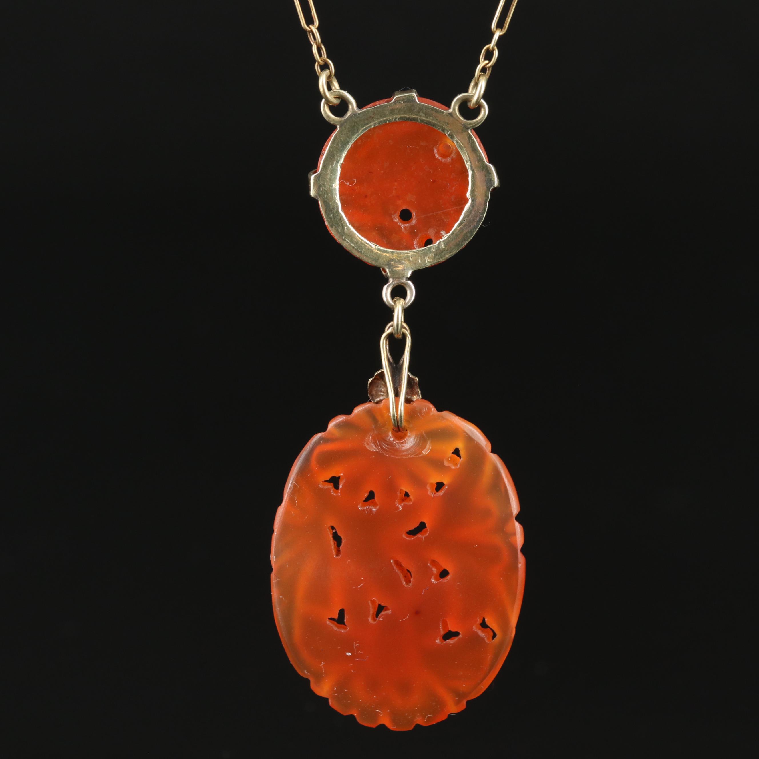 1930s Deco 14K Carved Carnelian Necklace