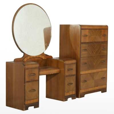 Art Deco Waterfall Chest of Drawers and Vanity, Early to Mid 20th Century