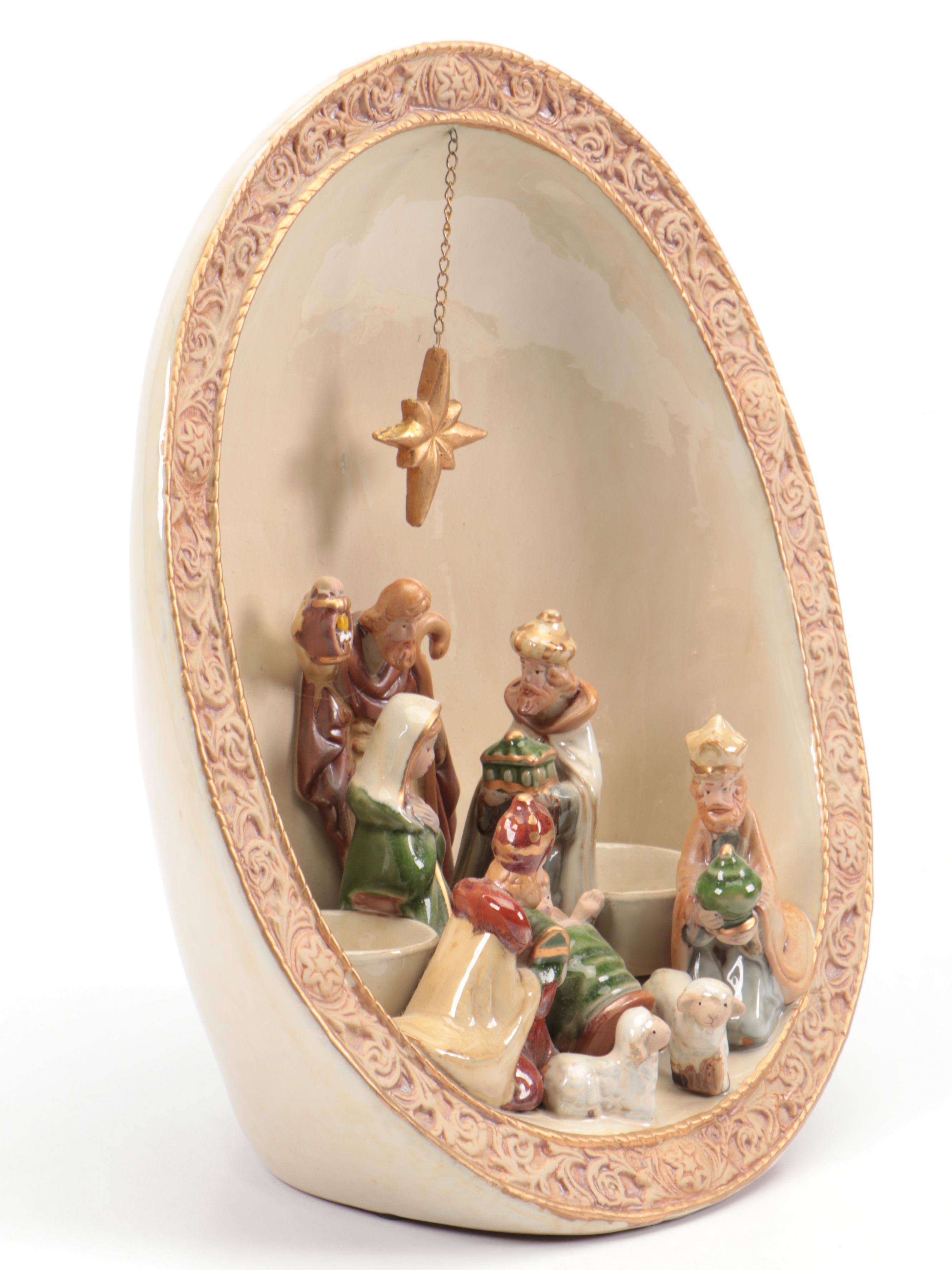 Ceramic Nativity Set with Votive Holders