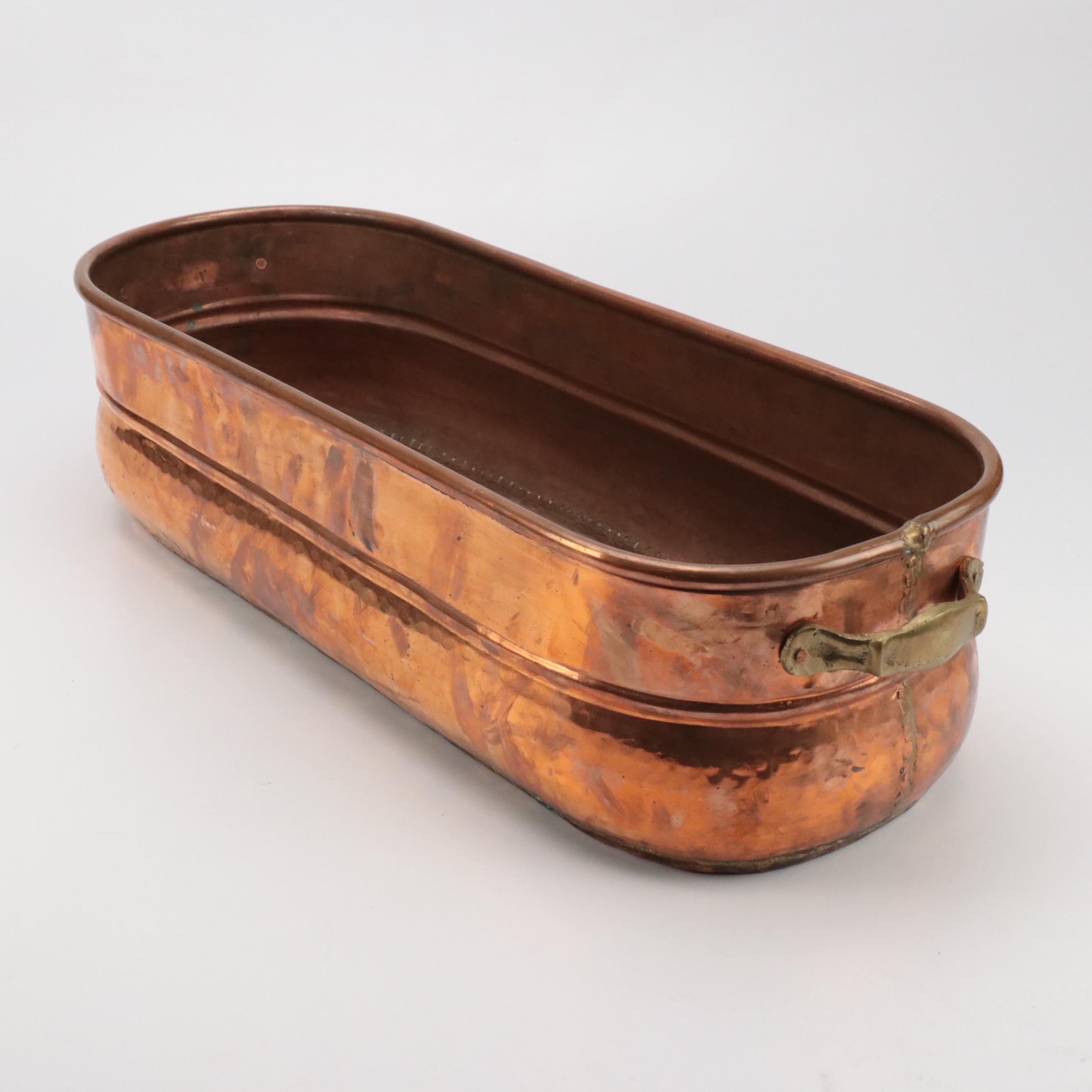 French Style Oval Copper Fish Poacher with Brass Handles, 20th Century